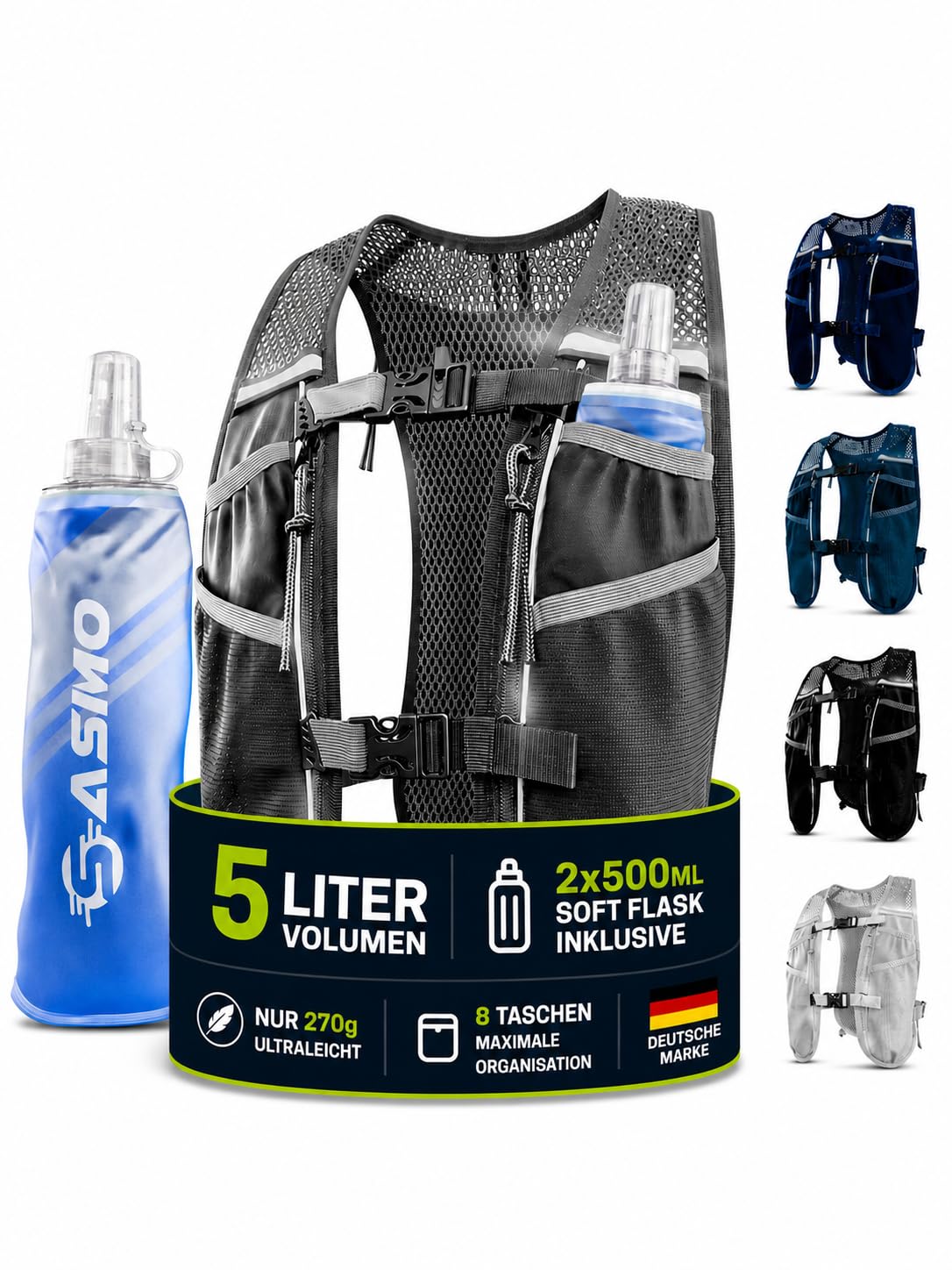 SASMO® Laufweste Damen & Herren 5L / 2L | Running Vest - Ultraleicht & atmungsaktiv| Laufrucksack Damen - 8 Taschen | Laufweste Herren | Trinkweste Laufen