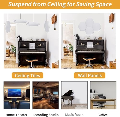 Miniatura 5 de TroyStudio Paneles acústicos de techo  14.2 x 12.4 x 1.2 pulgadas, 4 piezas de azulejos de techo colgantes de fibra de vidrio revestidas, tablero