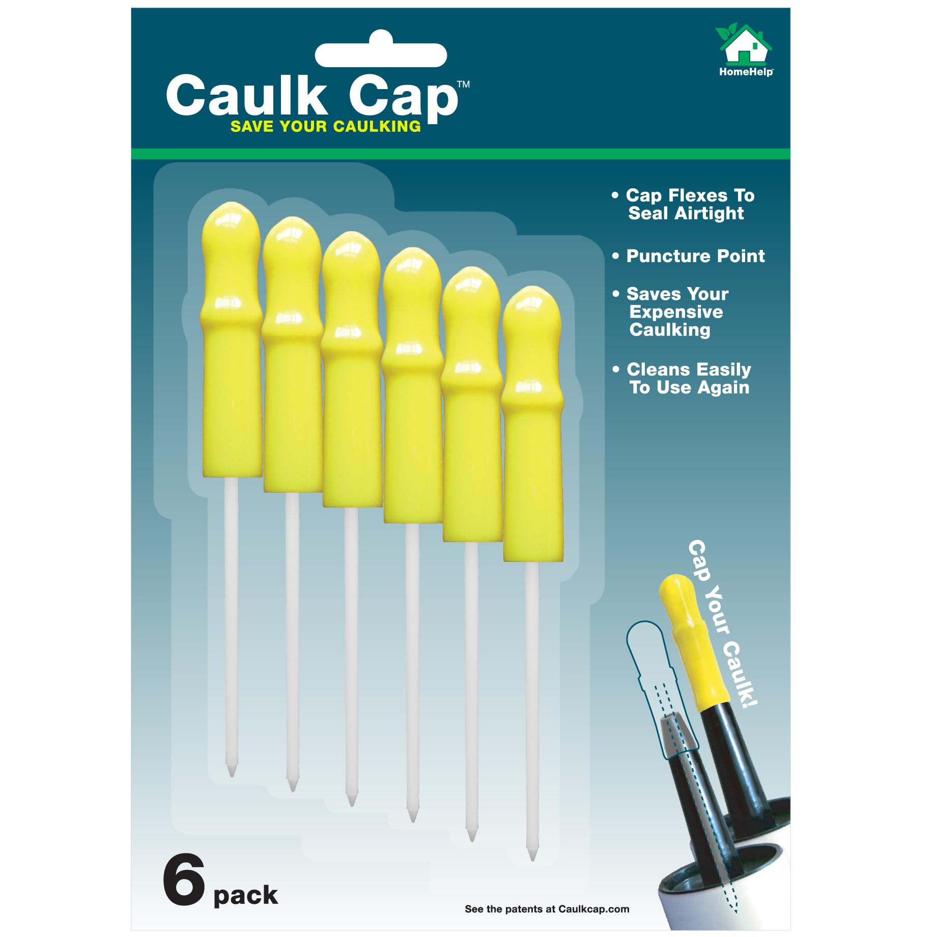 Caulk Cap CCY Caulk Saver Series, Reusable Caulk Tube Sealers with Built-in Puncture Pin, 6 Pack