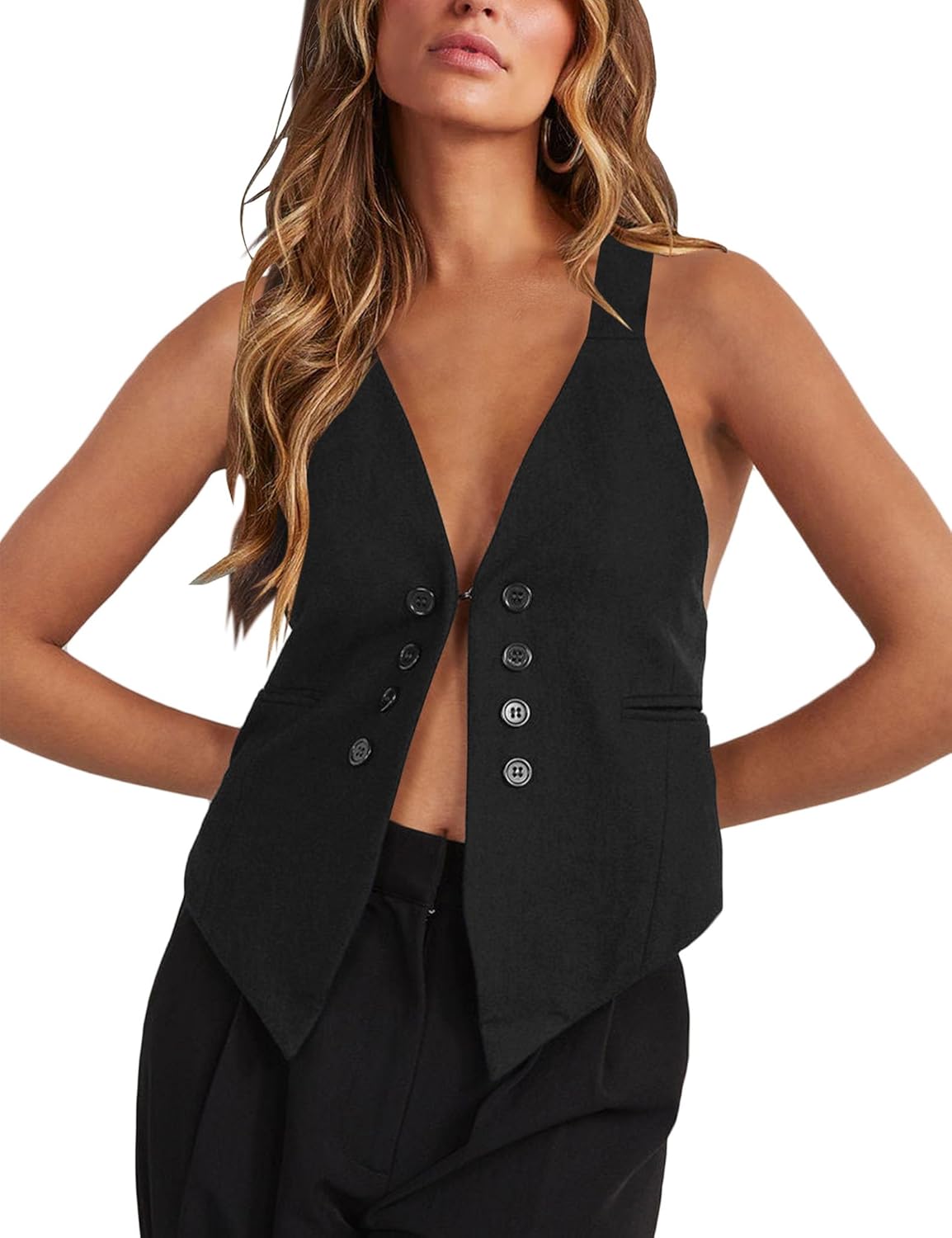 Floral Find Women's Casual Versatile Button Up Sleeveless Vest Sexy V Neck Jacket Waistcoat