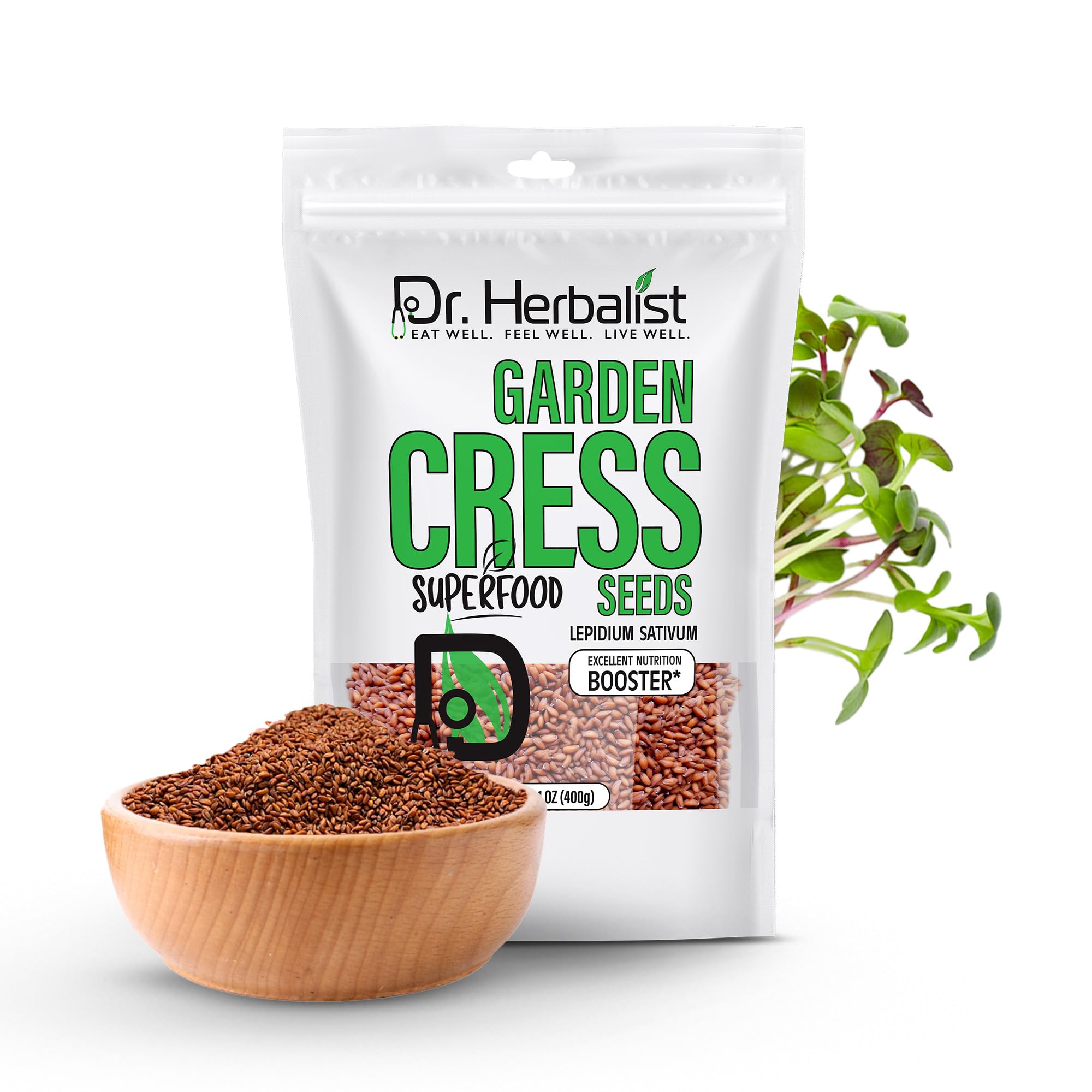 Dr. Herbalist Garden Cress Seeds 14.1oz (400g) – Premium Halim, Aliv, Haleem, Rashad, Watercress (Lepidium Sativum) – Superfood Seeds for Eating – Natural Nutrition Booster – Resealable Freshness Bag