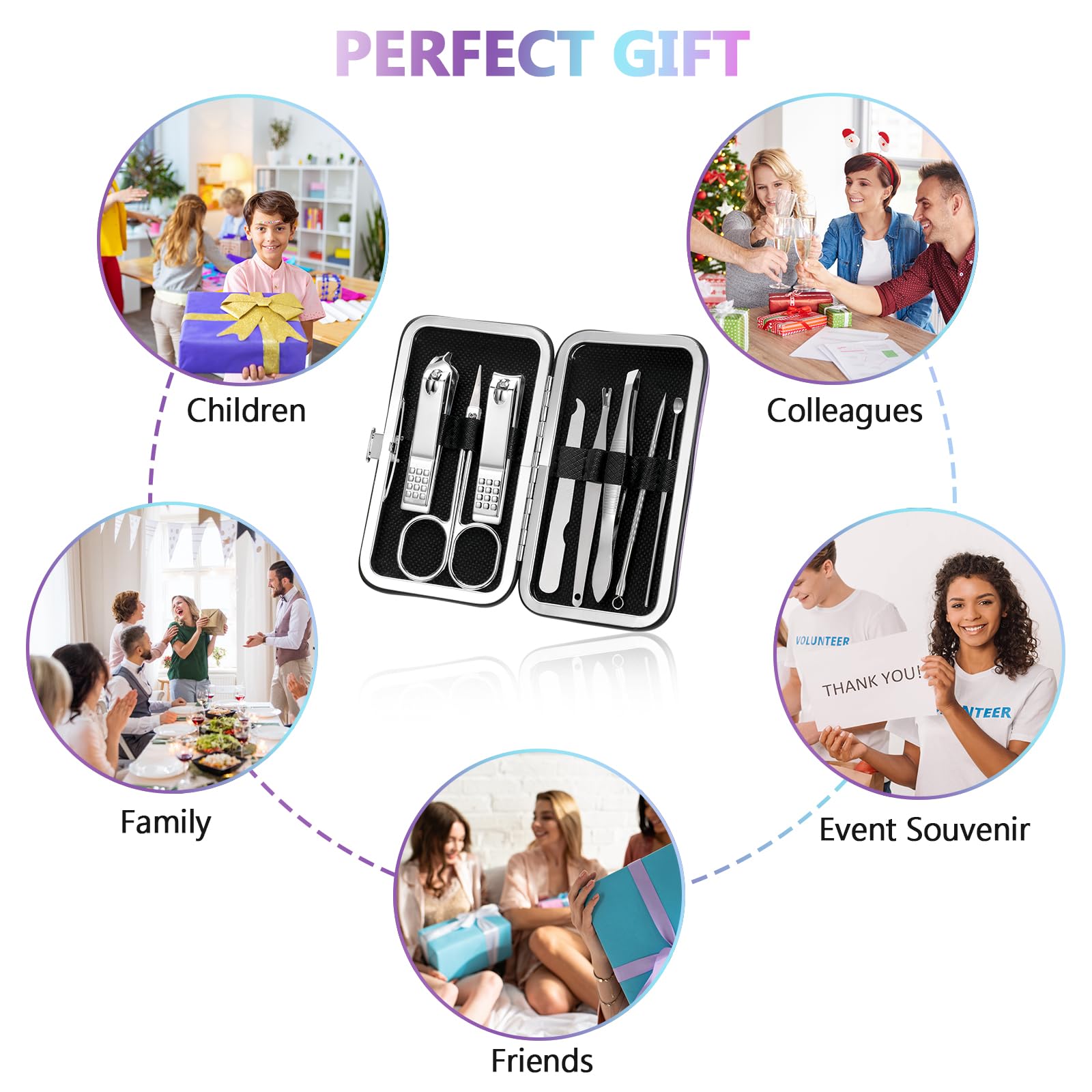 Lasnten Juego de 24 cortaúñas a granel, kit de manicura profesional de acero inoxidable, herramientas de pedicura con estuche de viaje, regalos para hombres y mujeres (láser, 8 en 1)