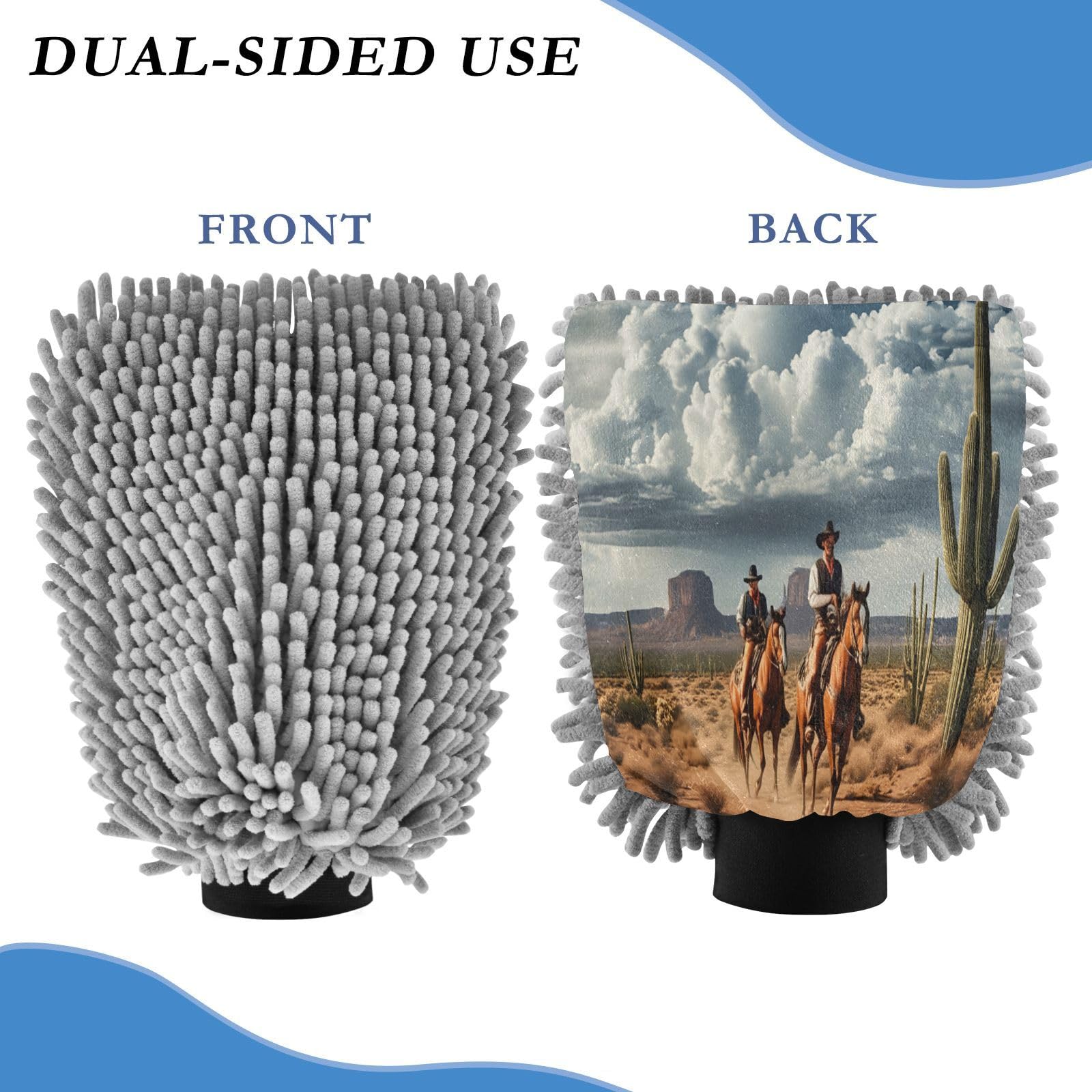 Kigai Western Cowboy Crossing The Desert Car Wash Mitt Microfiber, 2Pcs Scratch Free Lint-Free, Premium Chenille Microfiber Mitt Car Wash Brush-L