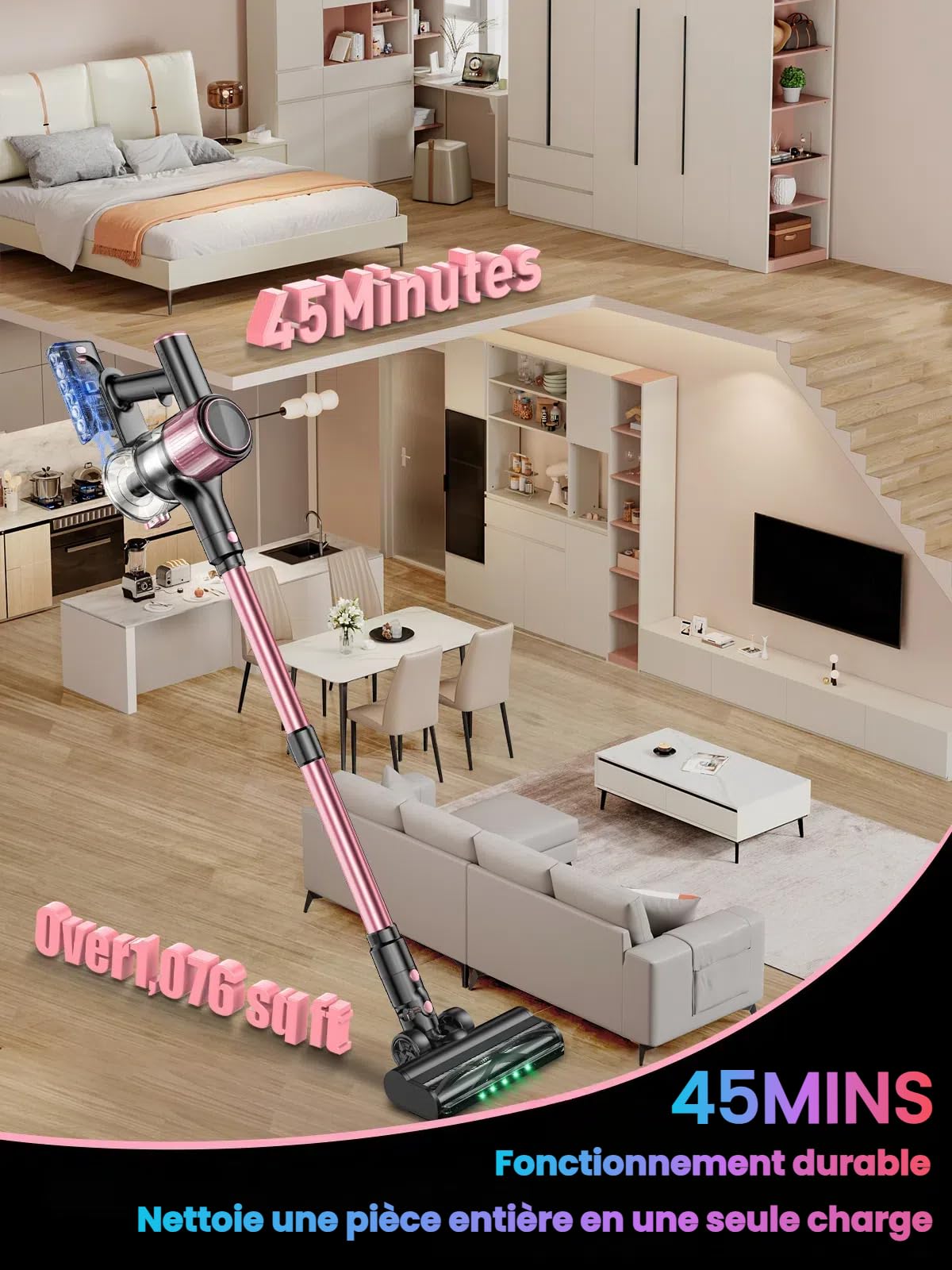 Aspirateur Balai sans Fil 52KPa/500W/45Mins, Écran LED, Tuyau Extensible, Brosse Anti-Enchevêtrement, Filtration 5 Niveaux, Idéal pour Sols Durs, Tapis, Poils d'animaux et Voiture - Rose
