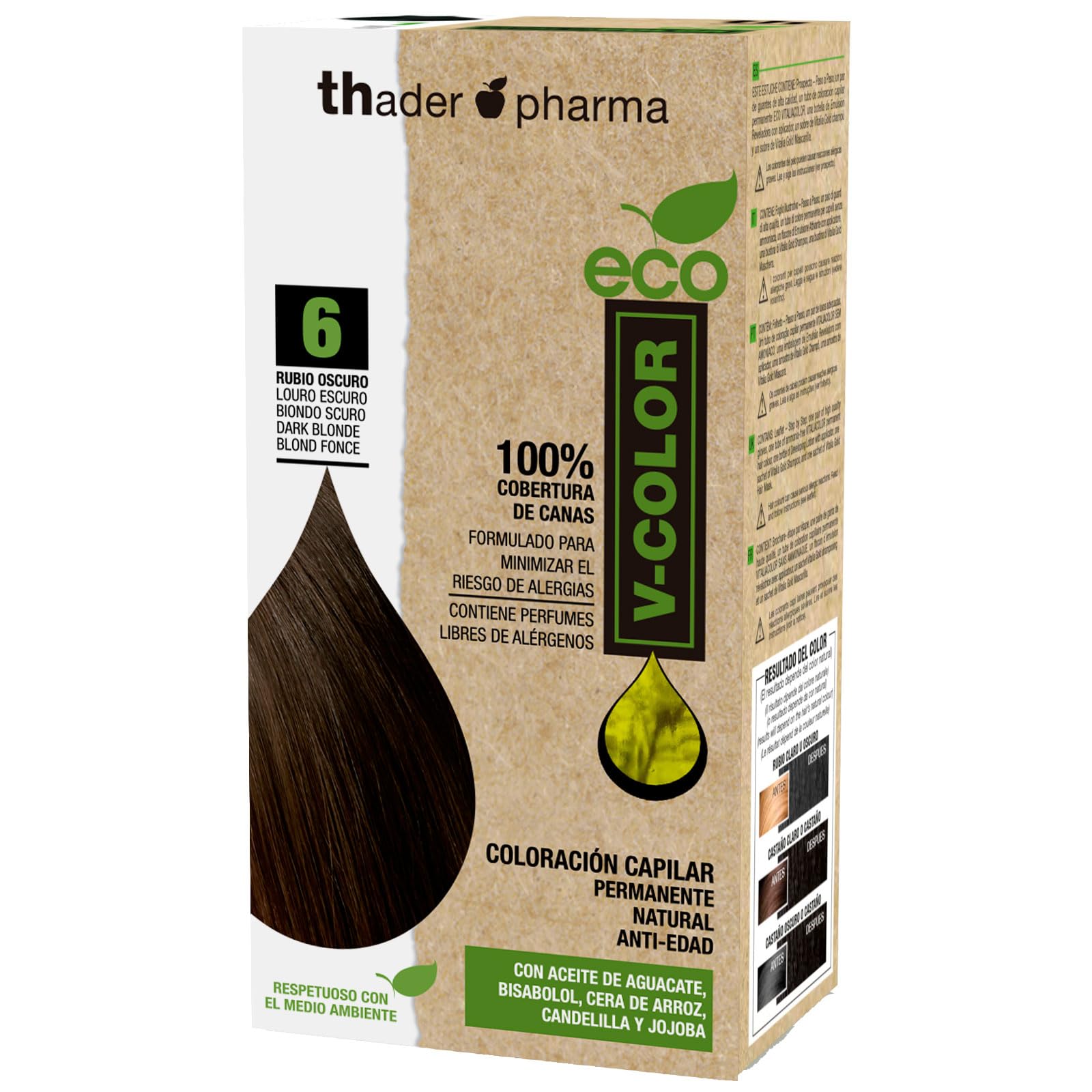 Thader Th Pharma ECO V-Color Kit de Coloración Capilar Permanente sin amoniaco 100% cobertura de canas, 120 ml (No. 6 Rubio oscuro)