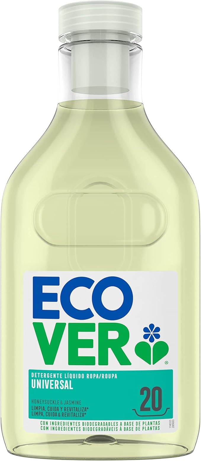 Ecover, Detergente líquido lavadora ecológico para ropa blanca y de color, Fragancia Honeysuckle, Jasmine, Universal 1L, 20 lavados