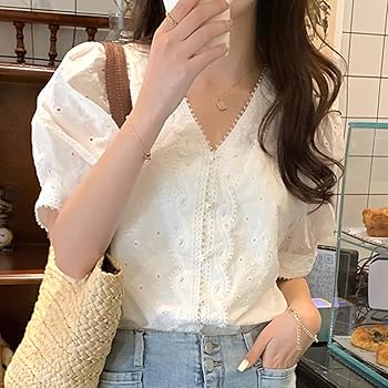【甘酸っぱくてスイート】シフォンシャツ✨レース使い半袖トップ Amazon | [ノーブランド品] フロントレース 刺繍 半袖 シフォン