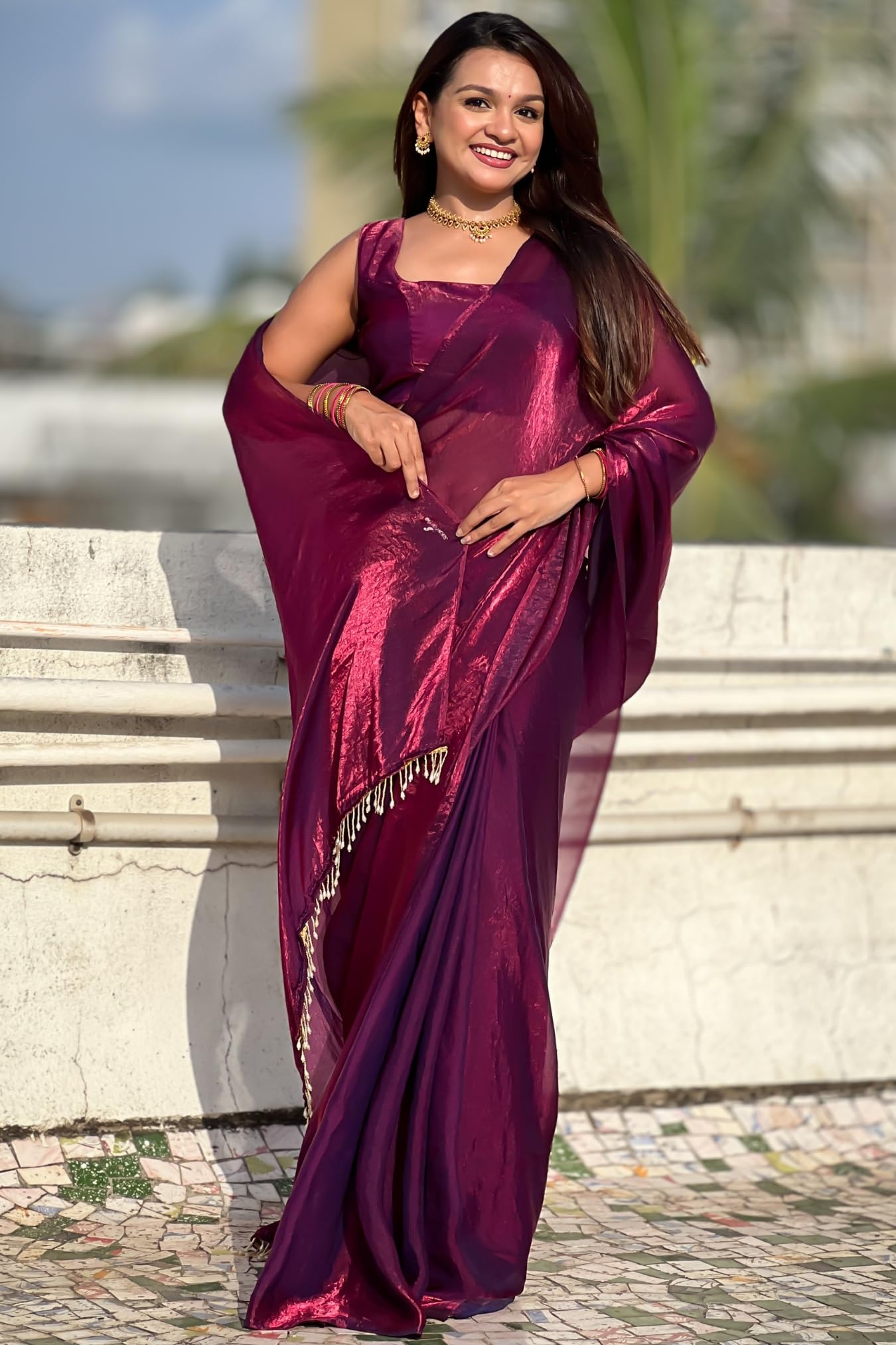 SGF11 Women's Shimmer Satin Tissue Saree Golden Tassels With Unstitched Blouse Piece product image 2