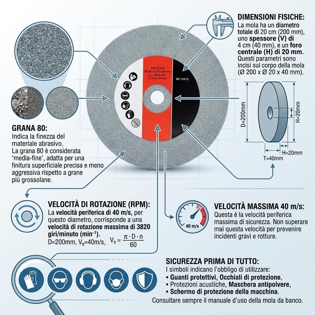 Mola Banco 200mm G80 Foro 20mm Spessore 40mm Carburo Silicio - Rettifica Precisa Metalli Non Ferrosi Vetro Ceramica Bassa Vibrazione Alta Durata