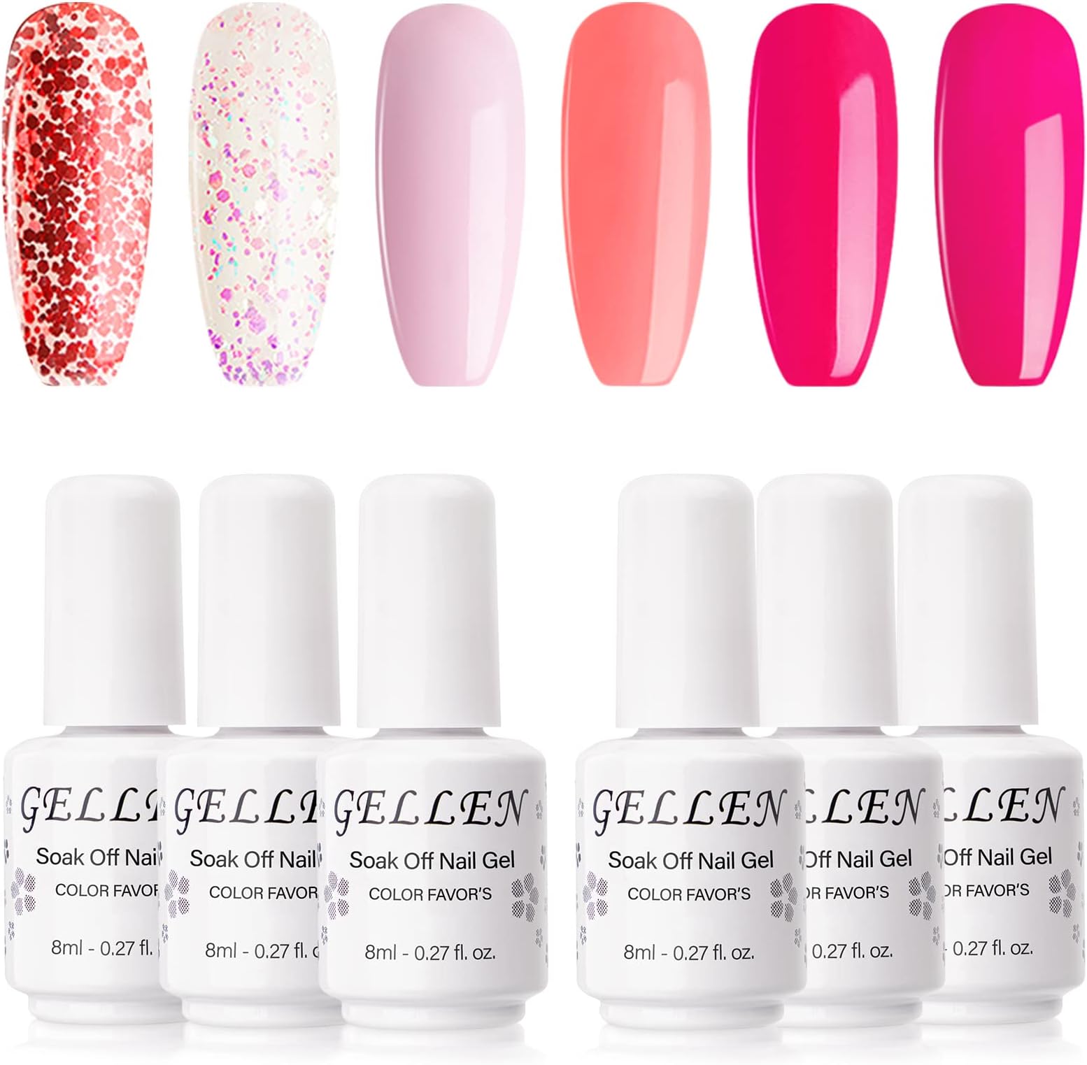 GELLEN Gel Nail Polish Kit- Sweet Roses Tone Vibrant Magenta Hot Pinks 6 Colors, Trendy Rose Glitters Nail Art DIY Home Gel Manicure Set