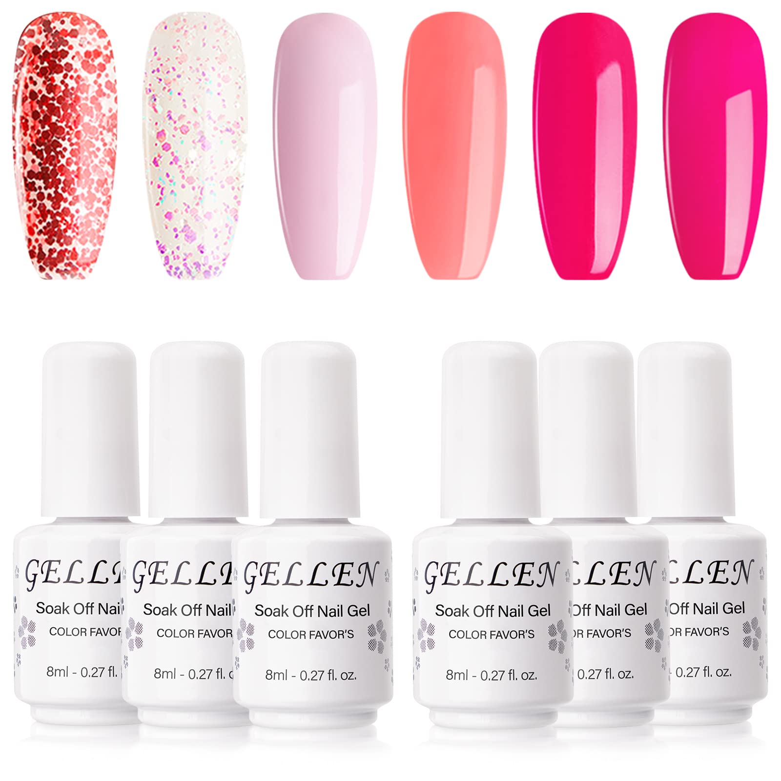 GELLEN Gel Nail Polish Kit- Sweet Roses Tone Vibrant Magenta Hot Pinks 6 Colors, Trendy Rose Glitters Nail Art DIY Home Gel Manicure Set