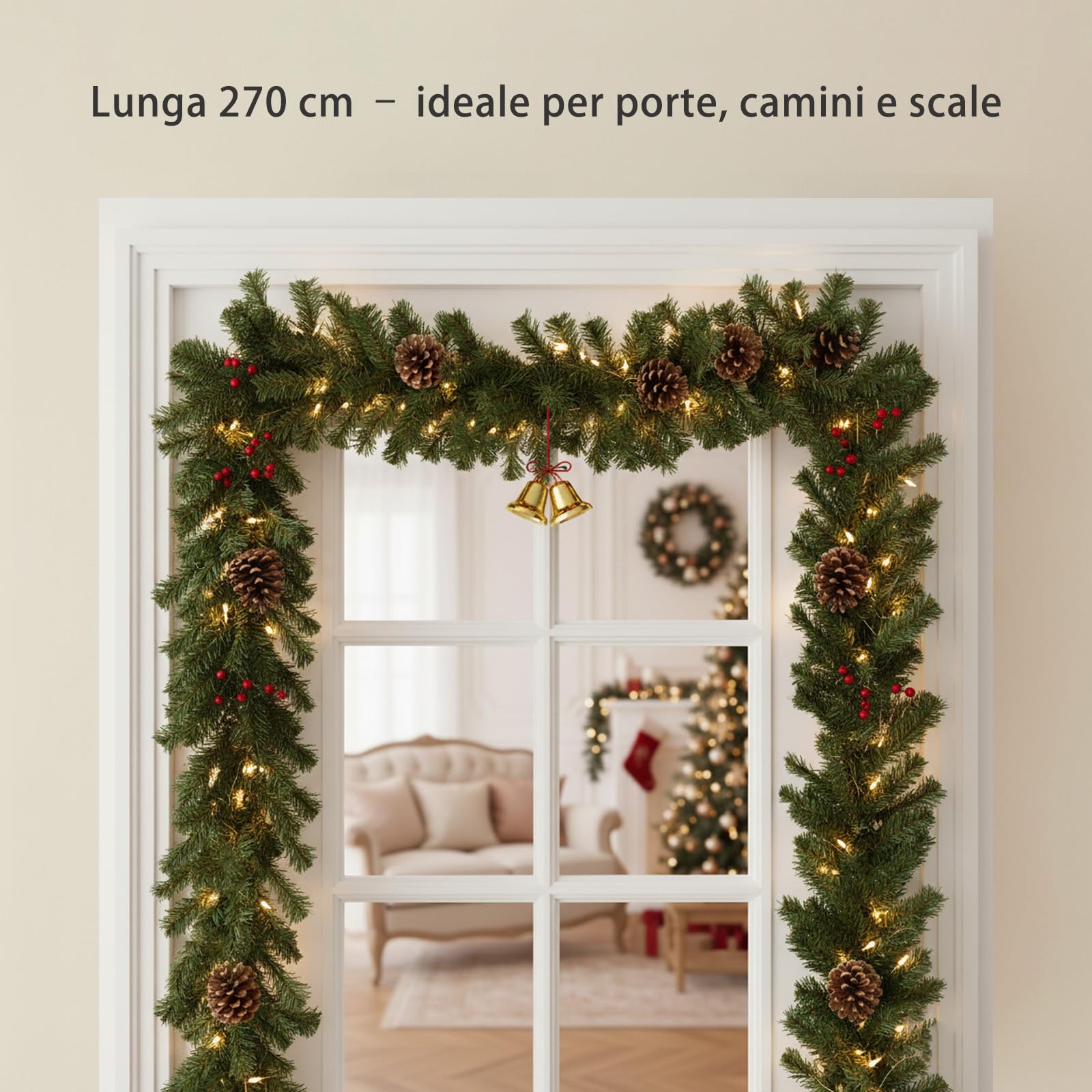 Ghirlanda Natalizia Artificiale 270 Cm Con 270 Punte - Verde Abete, Flessibile Per Decorazioni Interne/Estere, Per Ringhiere E Camini (Modello GIRL1)
