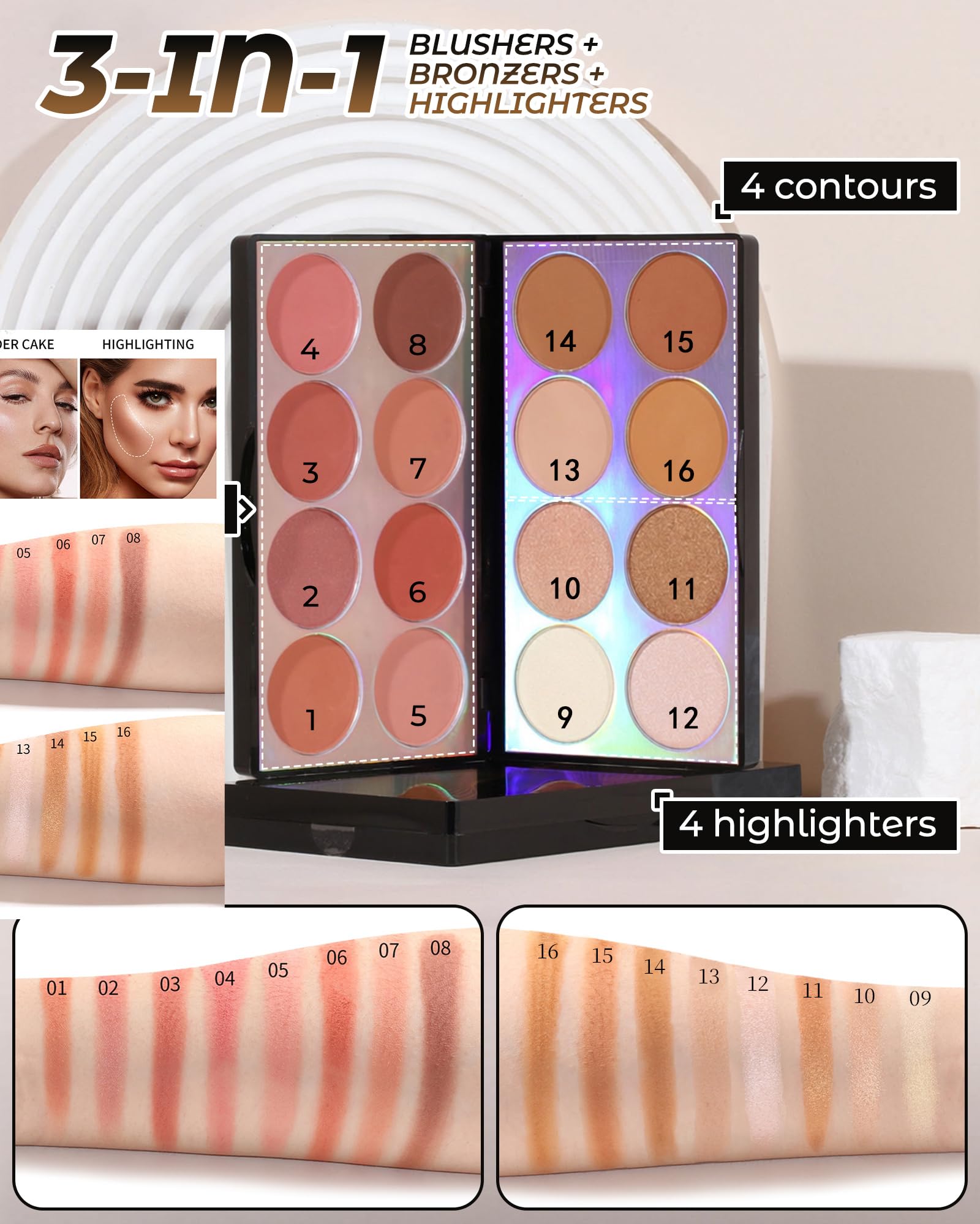 Konturenpalette mit 16 Farben, Bräunungspuder, All-in-One-Palette, Blendbare matte Glanz-Palette, zum Formen des Gesichts und für ein Make-up
