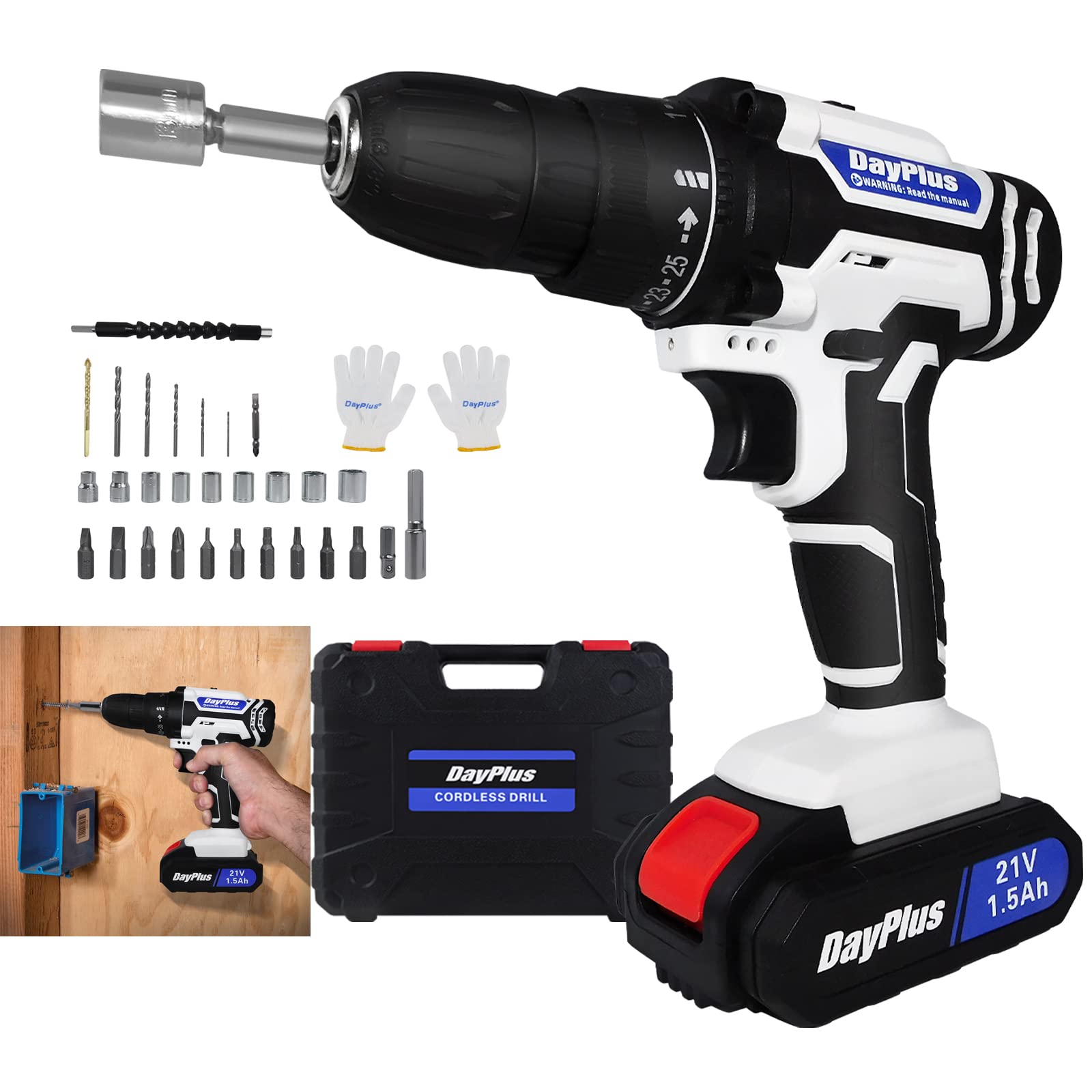 21V Electric Drill Cordless Power Drill Kit with 2pcs Batteries and Charger 25+1 Torque Setting 21V Power Tools Kit and 26pcs Drill and Driver Bits and Case White