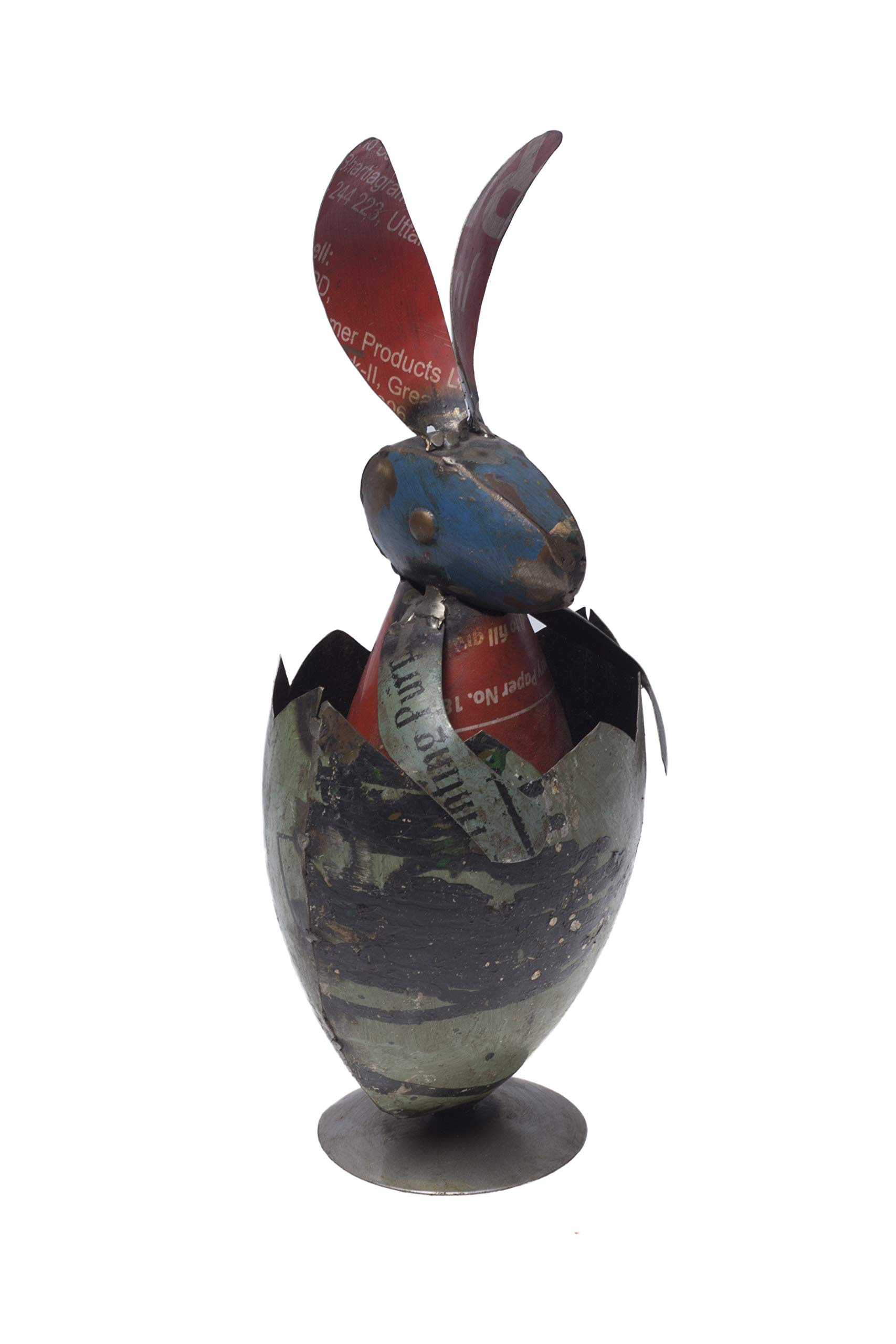 DeKulture Springtime Recycled Iron Egg with Rabbit Figurine | Easter Decor | Home, Garden, Terrace (4x4.5x11 Inches)