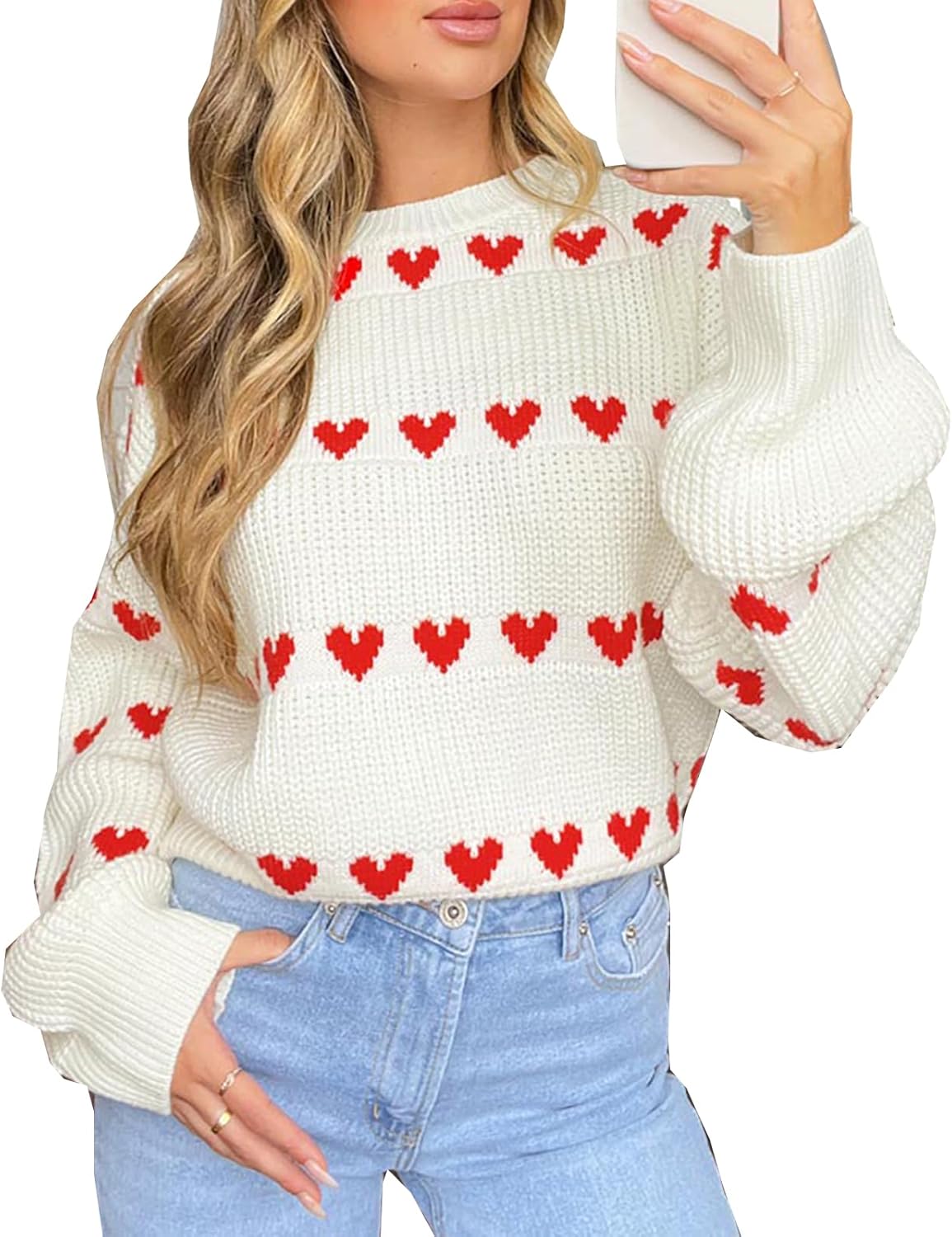 Womens Cute Heart Sweater Y2k Crew Neck Long Sleeve Knitted Tops Valentine Romantic Pullover Sweater Streetwear - Image 4