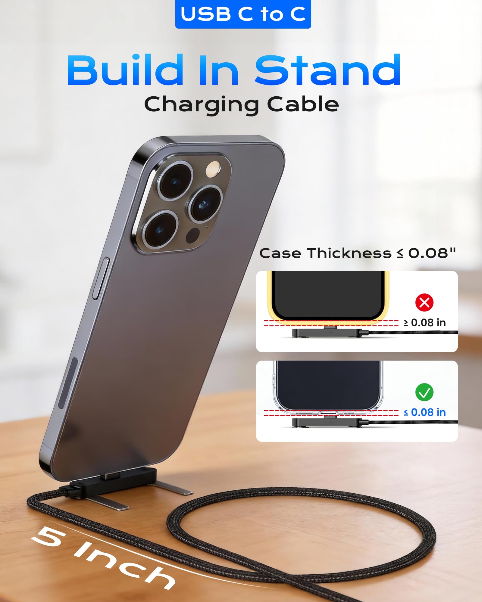 LOOHOI USB C to USB C Cable, 240W Fast Charging Cable with Built-in Phone Stand (5 FT, Black), Durable Braided Type-C Cable with 90° Angled T-Shaped Stand (1PCS) — view 3