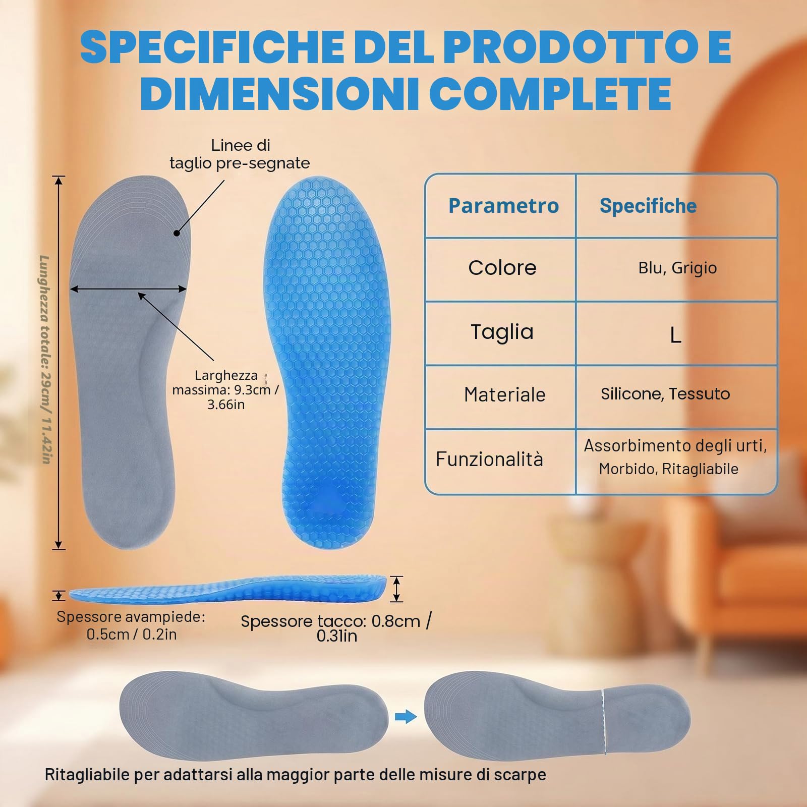 1 paio di solette sportive in gel di silicone blu, riutilizzabili, a nido d'ape, a tutta lunghezza, antiscivolo, comode, ammortizzanti, per scarpe da uomo e donna (grande)
