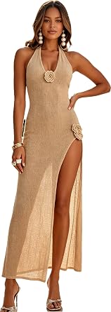 Women Sexy Backless See Through Knitted 3D Embroidery Dresses V-Neck Open Leg Sleeveless Halter Gown