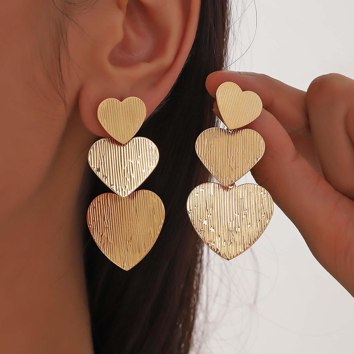 Boho Gold Hammered Heart Stud Earrings Three Heart Earrings Large Heart Dangle Drop Earrings Metal Textured Heart Earrings Heart Shape Statement Earrings Jewelry for Women - Image 6