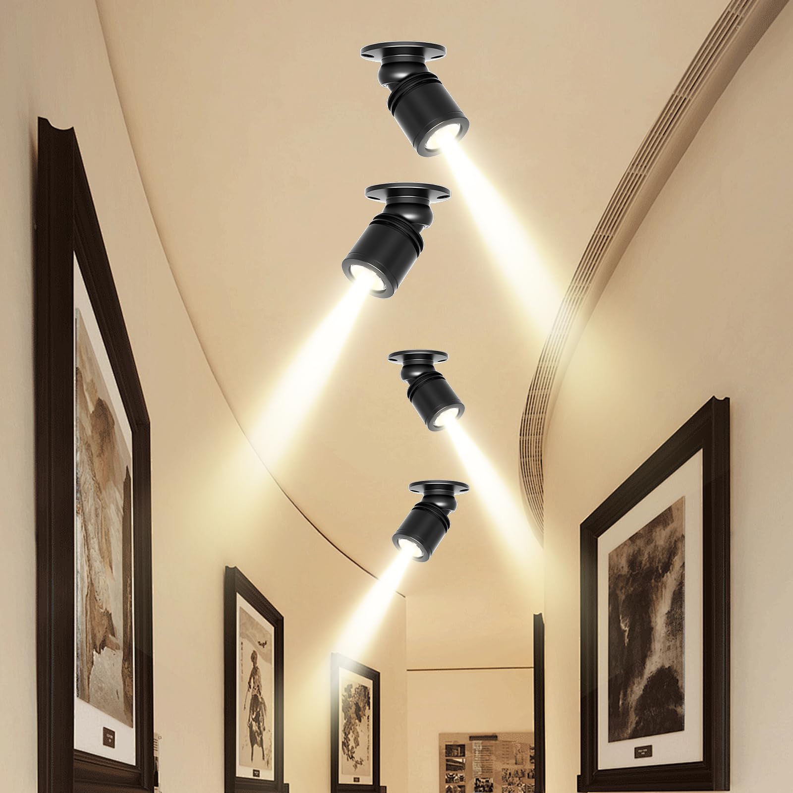 Juego de 4 mini focos LED con mando a distancia, 1,5 W, 3000 K, giro de 180°, para interiores, control Bluetooth, regulable, pequeño juego de luz para joyas, pasillos, armarios de vitrina