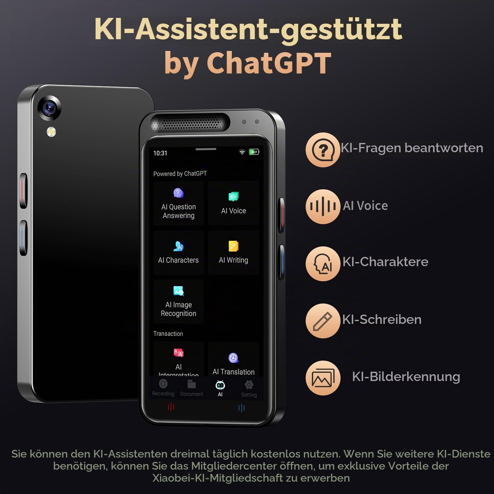 Digitales Diktiergerät Aufnahmegerät mit KI Schreibfunktion und Zusammenfassen,Übersetzung Online Offline Arbeit von 134 Sprachen,80GB Aufnahmegerät AI Voice Recorder für Vorlesungen,Meetings