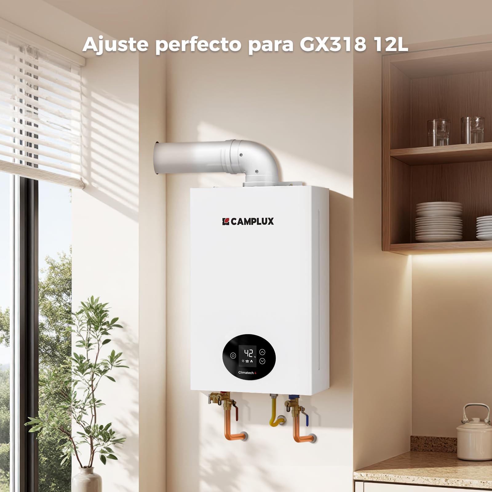 CAMPLUX Kit Coaxial Horizontal 60/100 mm para Modelo GX318 – Codo 90°, Set de Terminal de Pared, Tubo de Aluminio, Compatible con Calentador de Agua a Gas (11-14 L/min), VP90T