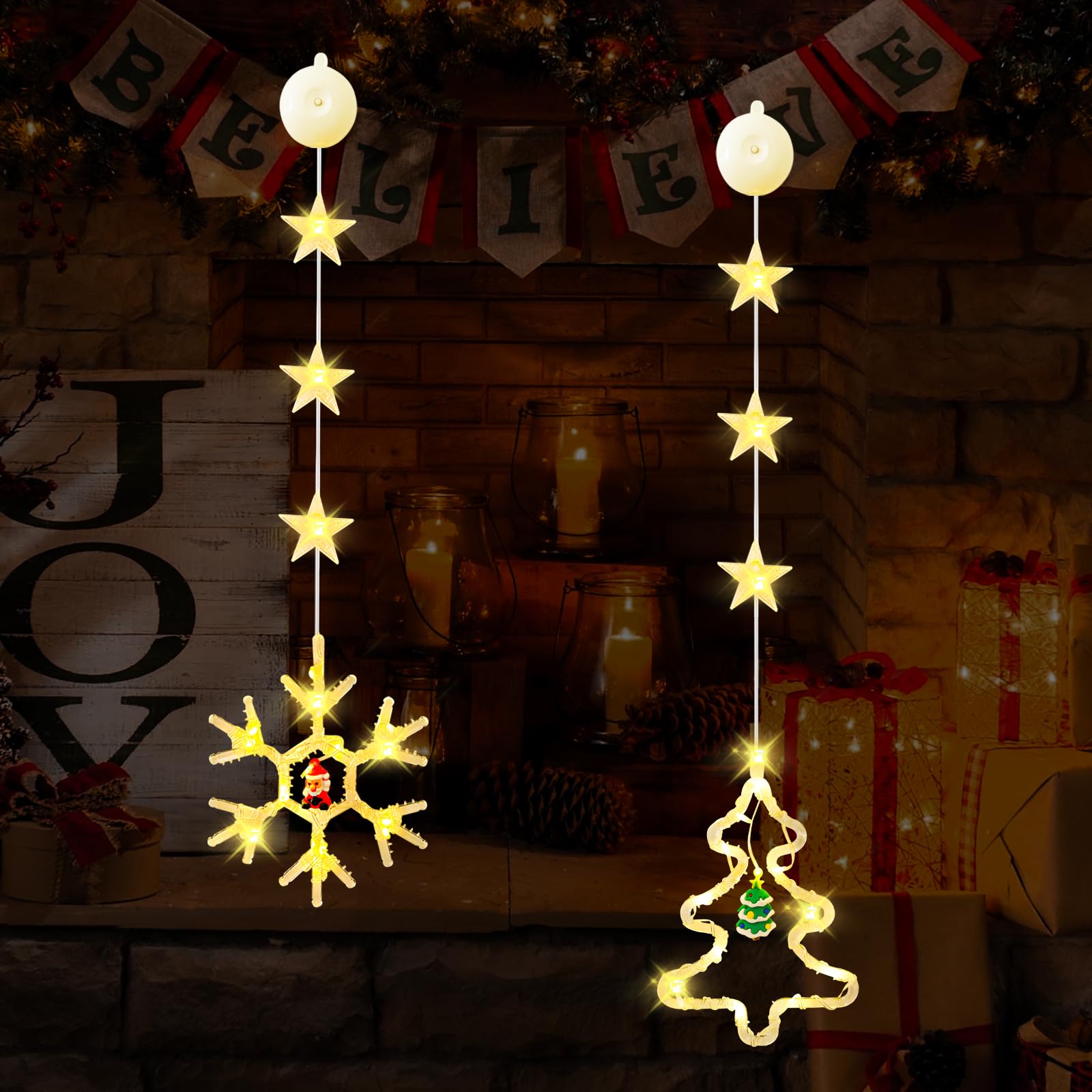 2 luces de ventana de Navidad, luces LED colgantes para ventana, decoraciones de Navidad con ventosas, luces de Navidad para interiores y exteriores, luces de cortina de Navidad, funciona con pilas
