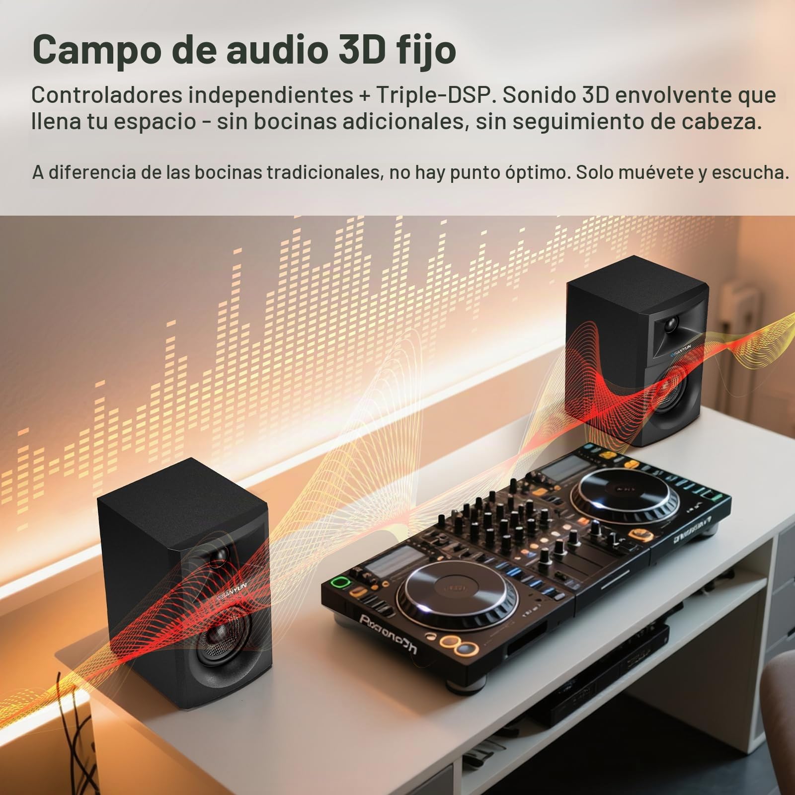 Sanyun SW203 Altavoces PC 2.0 3”, Campo Estéreo Ampliado, Triple-DSP | DAC 24 bits, USB-C/Bluetooth 5.4/AUX, Woofer Fibra Carbono 60W + Tweeter Cúpula Seda, PC Sobremesa Gaming (Pareja, Negro)