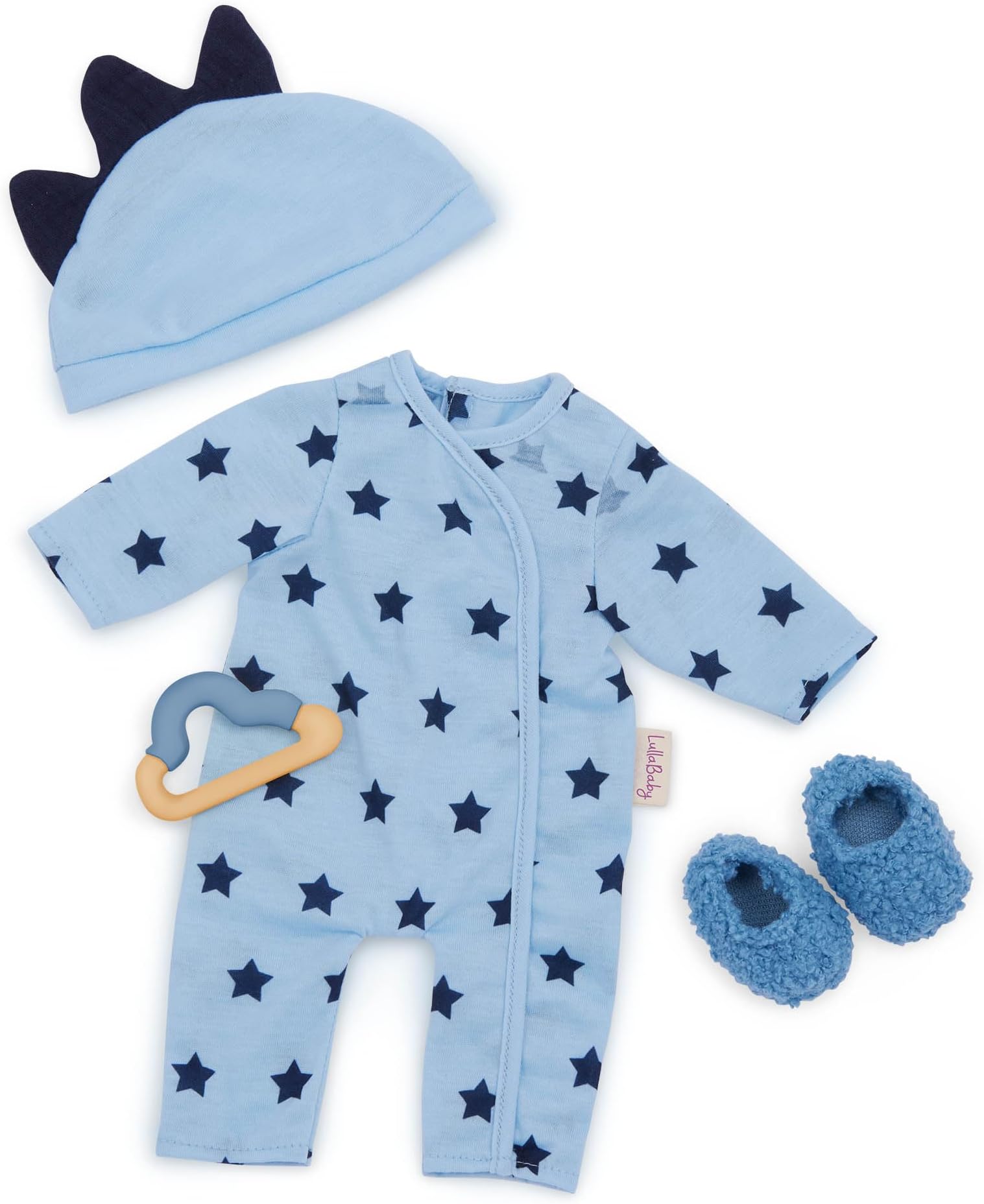 LullaBaby โ 14" Baby Doll Clothing Set โ Pajama Onesie Outfit โ Hat With Soft 3D Spikes, Teether, Fuzzy Slippers โ Imaginative Play โ Toys For Kids Ages 2 & Up โ Baby Doll Bedtime Outfit