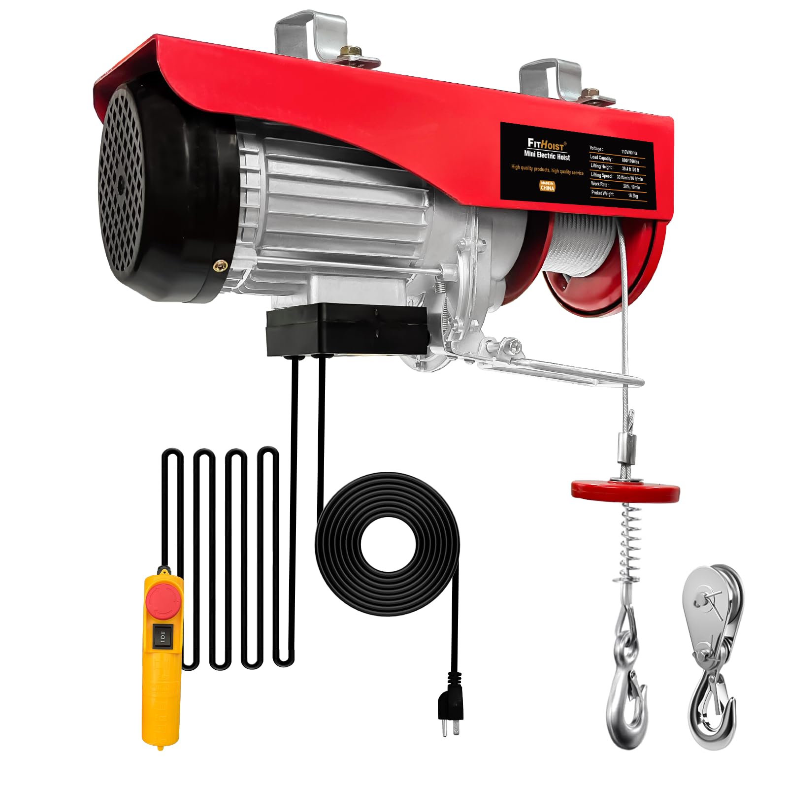 Electric Hoist,1760Lbs Winch with Remote Control,Electric Winch Single/Double Slings 38ft Lifting Height with Emergency Stop,110V Electric Lift for