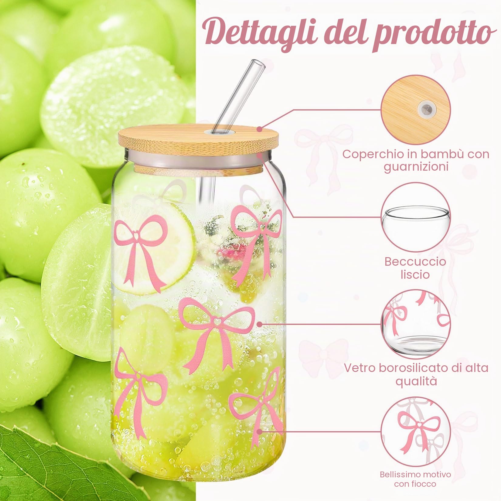 1 tazza di vetro Bow da 500 ml con coperchio e cannuccia da 16 once, per caffè, bibite, cocktail e molto altro ancora