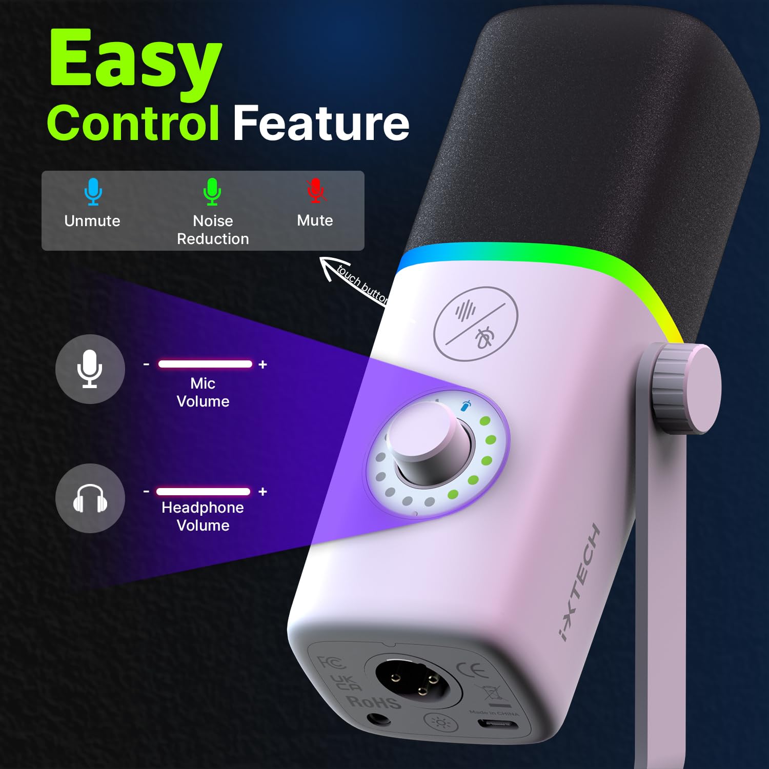 IXTECH Micrófono USB para juegos para PC, micrófono condensador con cancelación de ruido para podcasts y transmisión de video con soporte de trípode, filtro pop, montaje de choque, control de