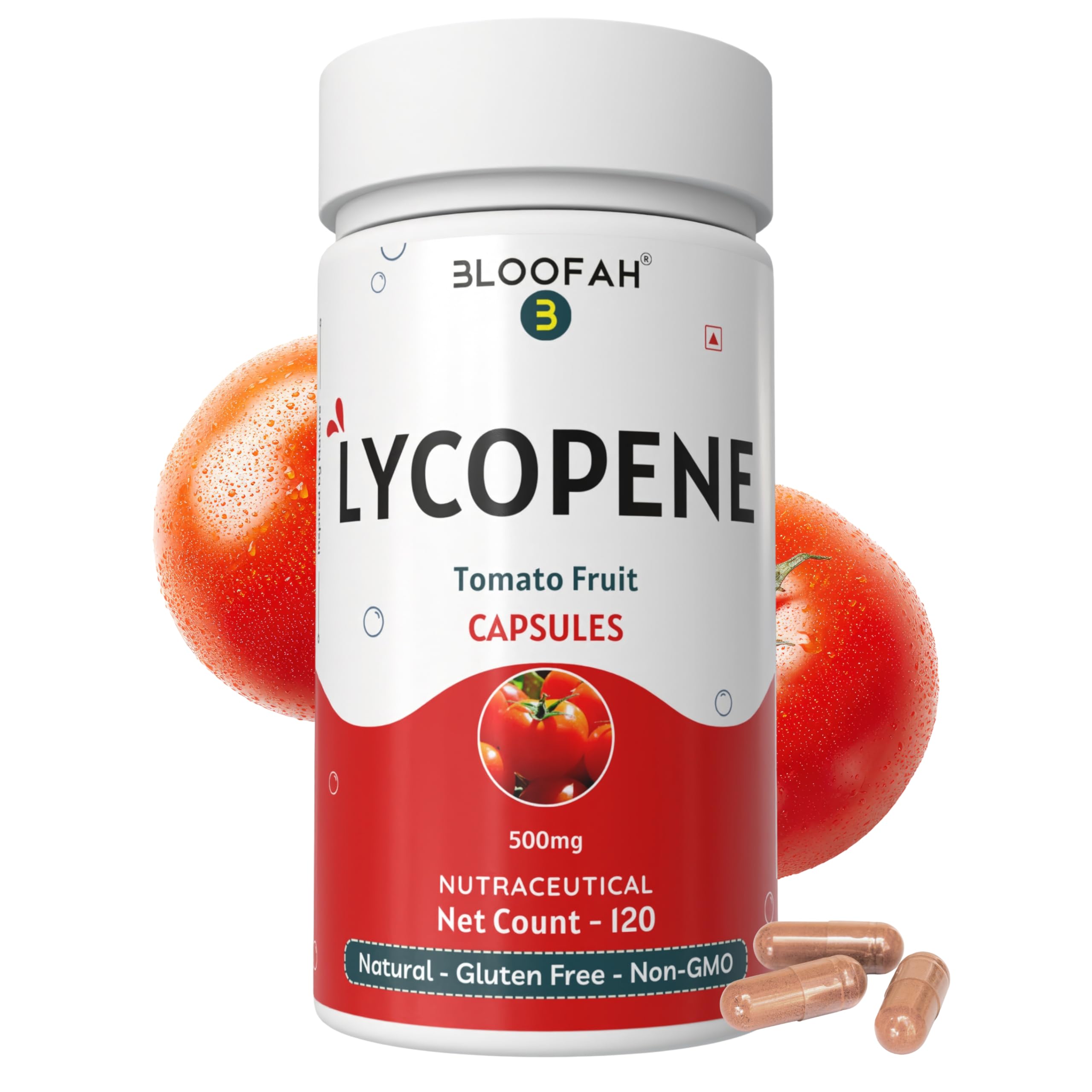 Bloofah Lycopene Supplement Capsules 500mg - Tomato Fruit Powder (Natural Source of Lycopene) for Antioxidant & Daily Wellness Support | Pure, Gluten Free & Non-GMO Formula (120 Count (Pack of 1))