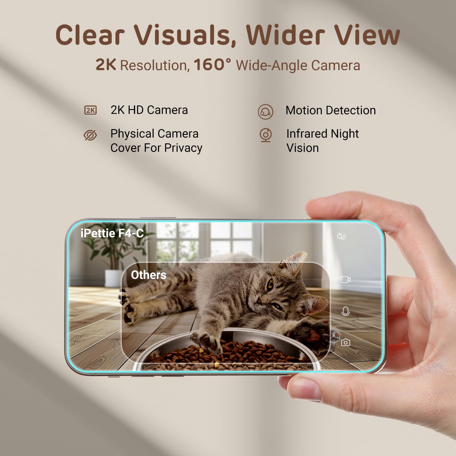 iPettie F4-C Smart Automatic Pet Feeder with 160° Wide-Angle Camera, 5G WiFi Connectivity, 2K HD, Motion & Sound Detection, 2-Way Voice Interaction, Night Vision, Stainless Steel Food Dispenser