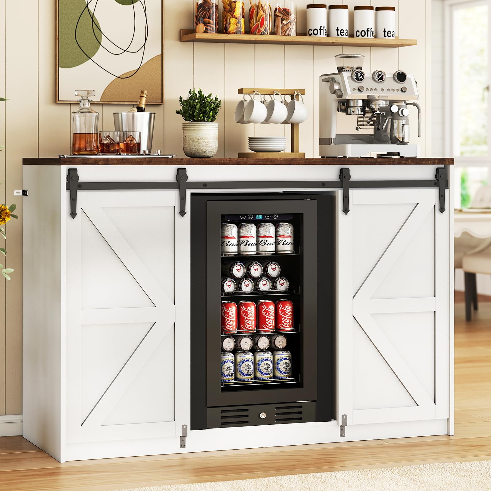 Lamtor Farmhouse Coffee Bar with Mini Fridge Space and Power Outlet