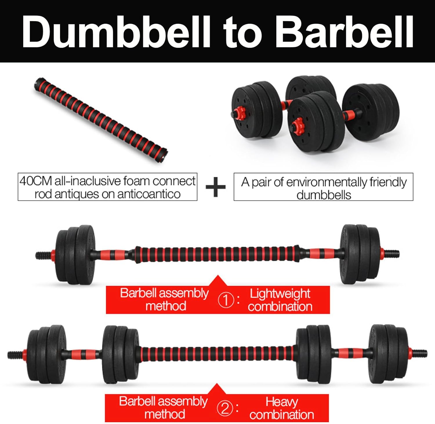 Adjustable Dumbbell Set, Barbell with Thick Connecting Bumper Plate Combo for Strength Gym Training, Men and Women Free Weight Set Fitness Home Equipment