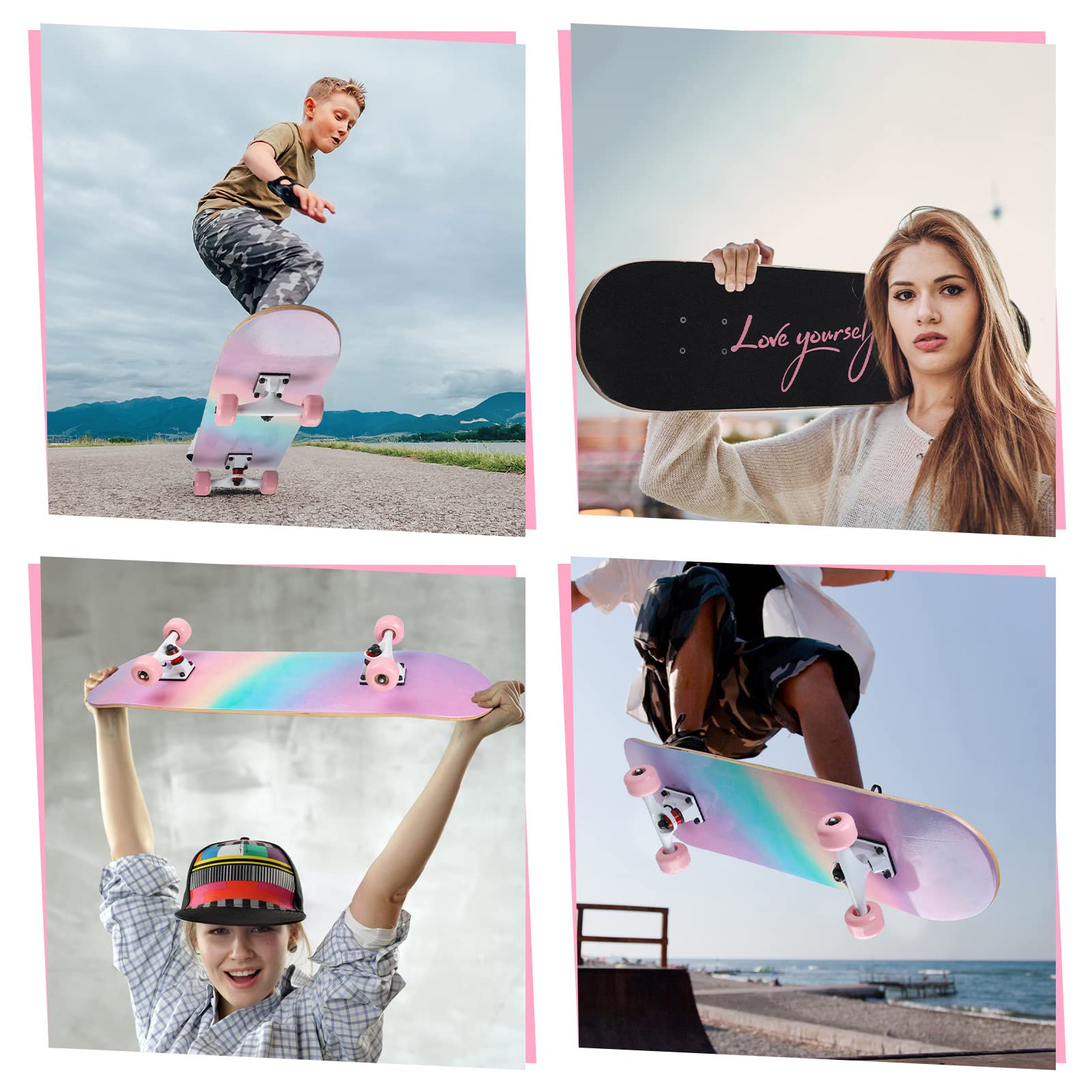 Skateboard Adolescente Ragazza Bambino Adulto Principianti 7 Strati in Legno d'acero Vassoio 80 x 20cm Portare Borsa Skateboard - Polvere arcobaleno