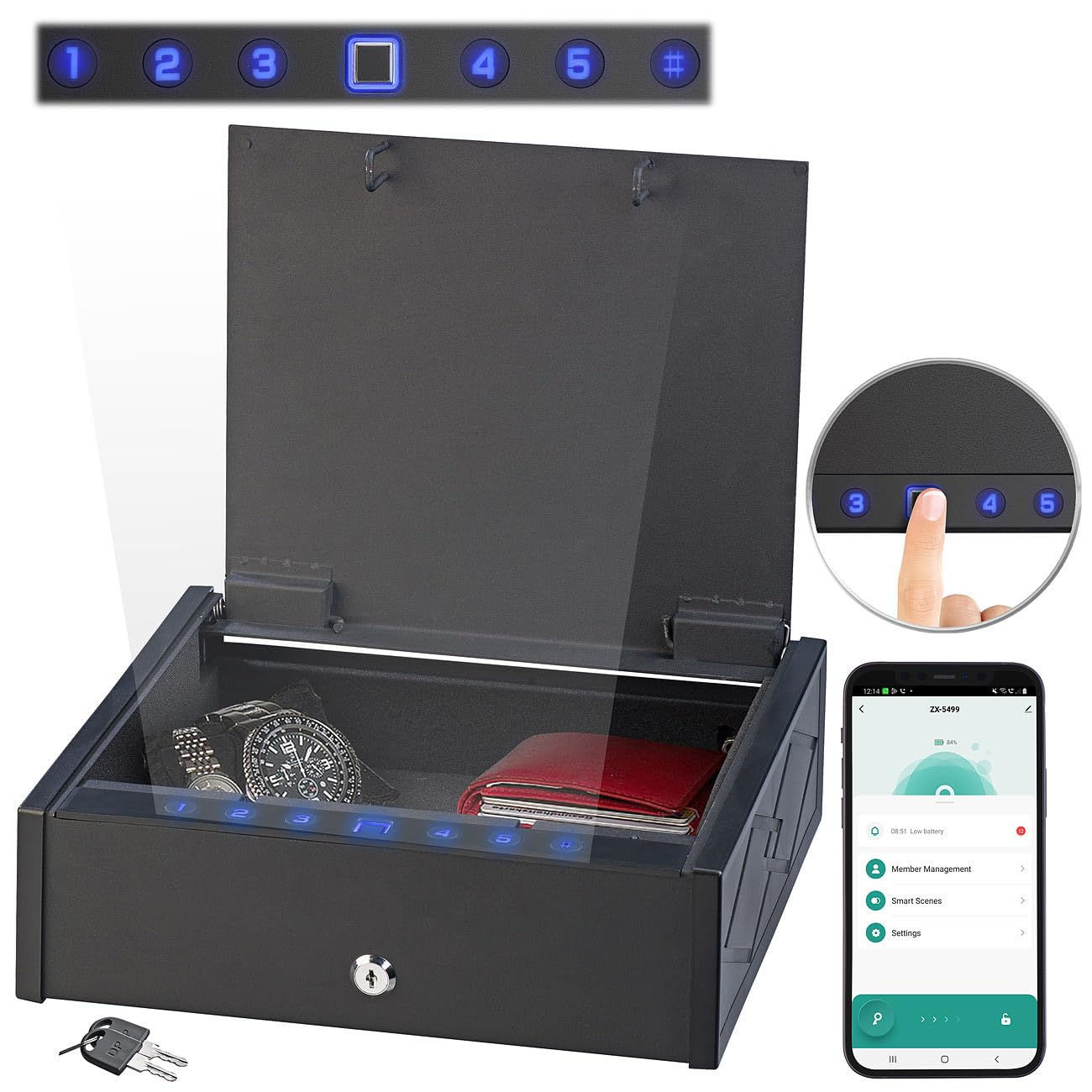Xcase Cassaforte Smart con impronta digitale biometrica, App Bluetooth, PIN e 2 chiavi, nera