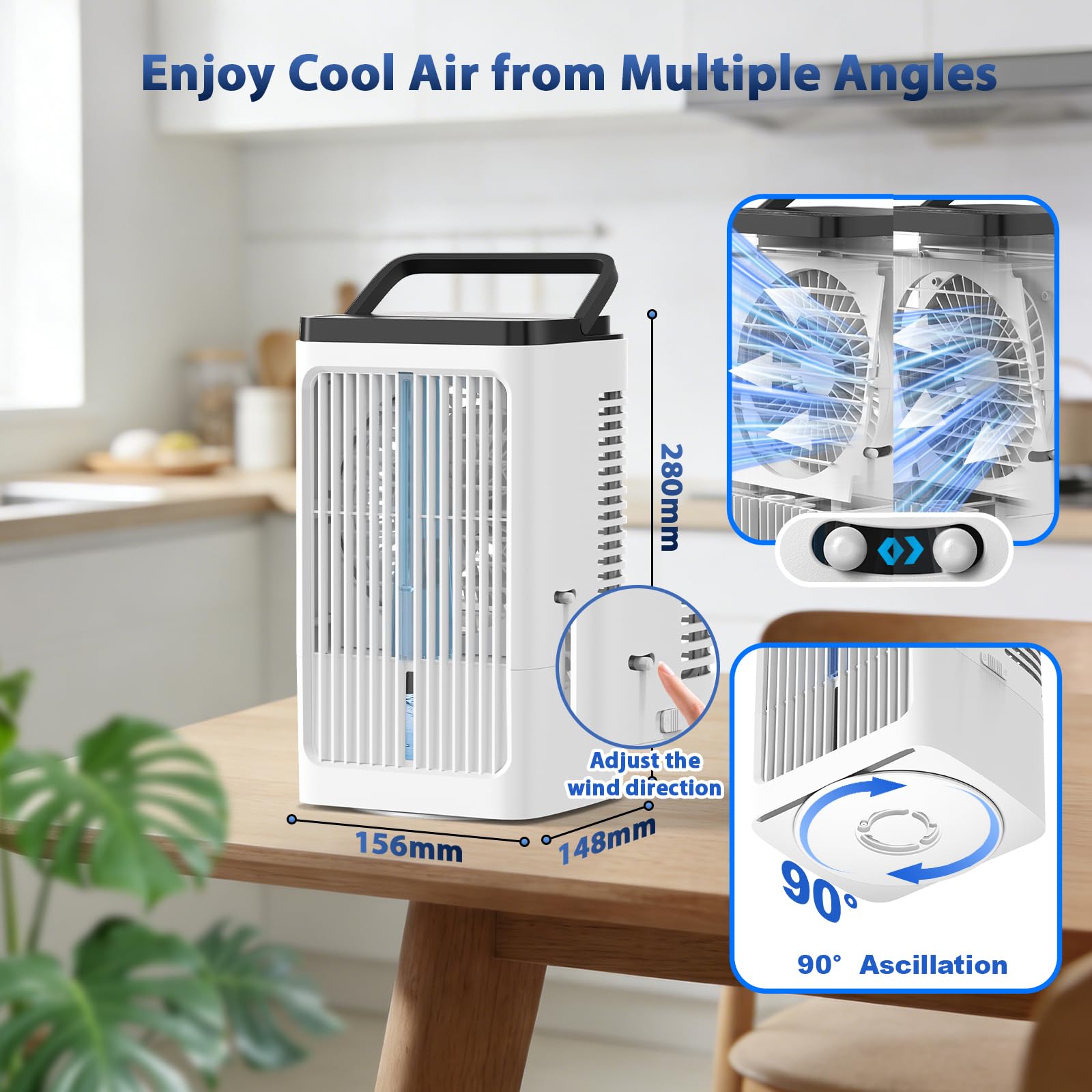 Condizionatore Portatile 1200ML, Raffrescatore d'aria con 2 modalità di nebulizzazione, 4 Velocità, Ventilatore USB, Timer 8 Ore e Oscillazione a 90° pour Cucina Camera da letto Ufficio, Bianco