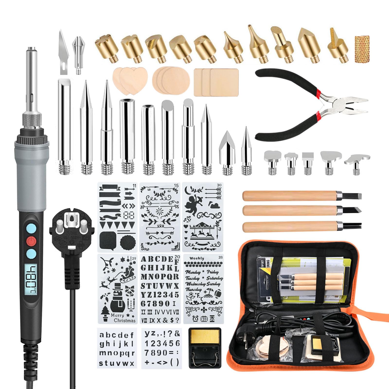 HANDSKIT 50pcs Kit Pirograbador de Madera,Kit Pirograbádores Electrico 90W LCD Pantalla Temperatura Regulable 180℃-480℃,Soldador Pirografo Profesional para Madera,Grabado,Soldadura,Cuero