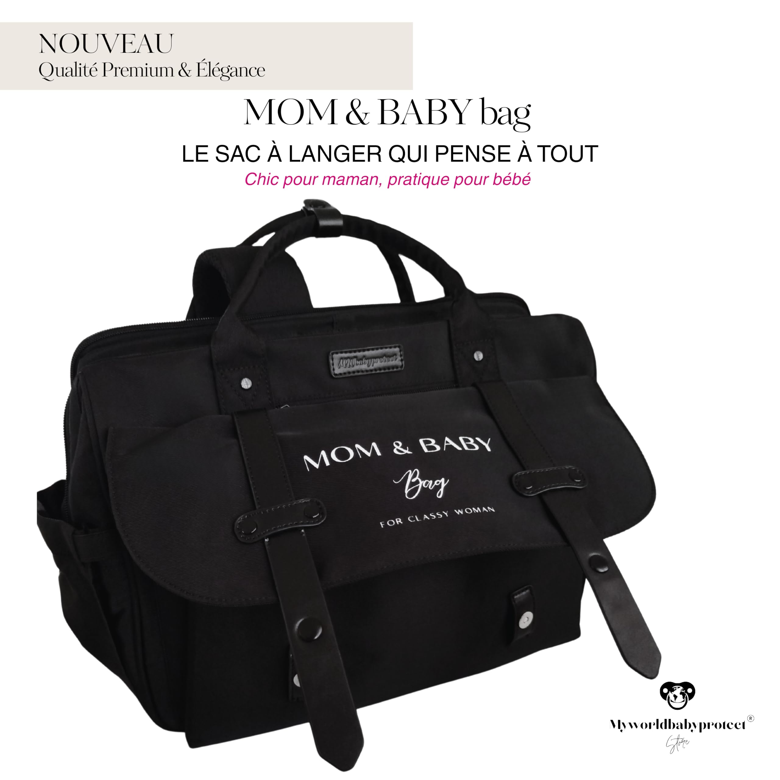 Sac à Dos à Langer Pour Bébé fille ou garçon, Sac de Maternité MOM&BABY BAG, Sac à main bébé et Maman, Matelas à Langer imperméable isotherme sangle de Poussette promenade. (Noir)