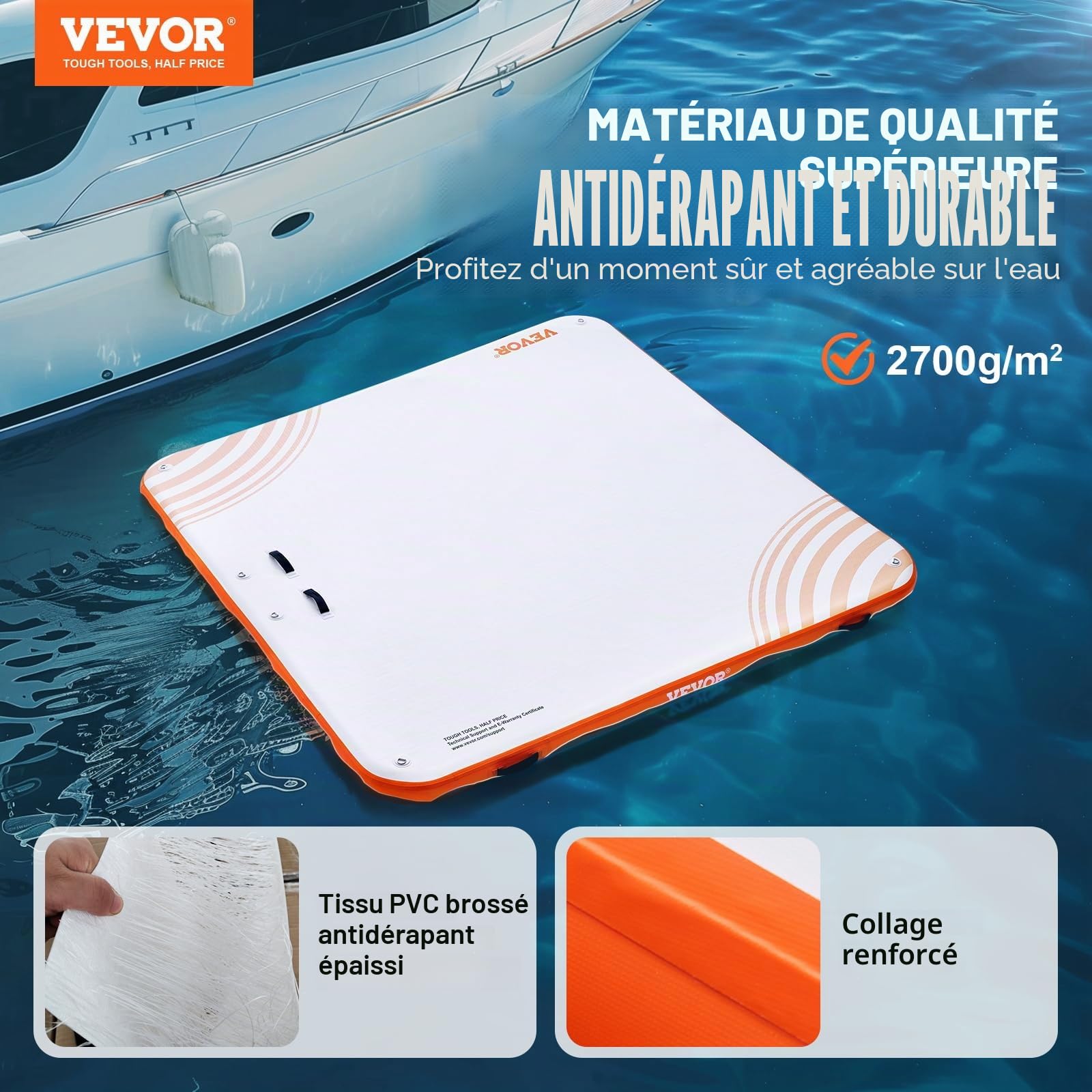 VEVOR Quai flottant gonflable 2,13 x 2,13 m plate-forme antidérapant avec sac de transport échelle amovible pour piscine plage océan