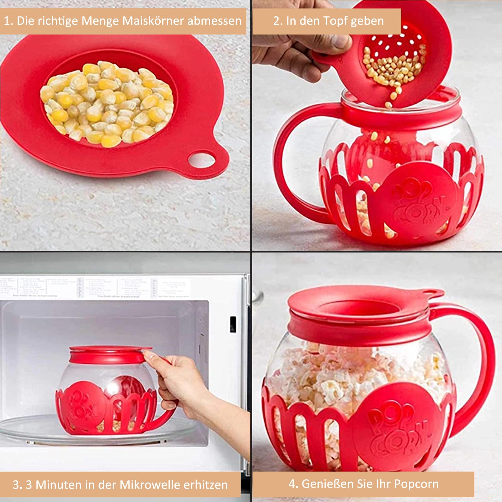 Kuchenka mikrofalowa, słoik na popcorn z pokrywką, 2,13 l, nadaje się do zmywarki, na spotkania, imprezy, piknik, czerwony