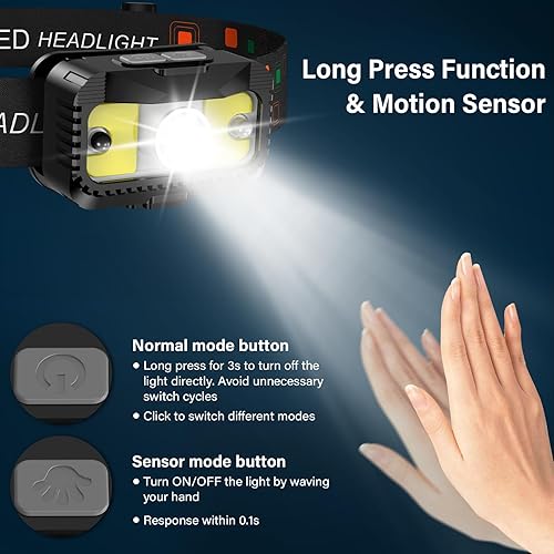 Miniatura 3 de MIOISY Linterna frontal recargable 1200 lúmenes linterna LED ultra brillante con luz blanca y roja sensor de movimiento impermeable 8 modos de luces