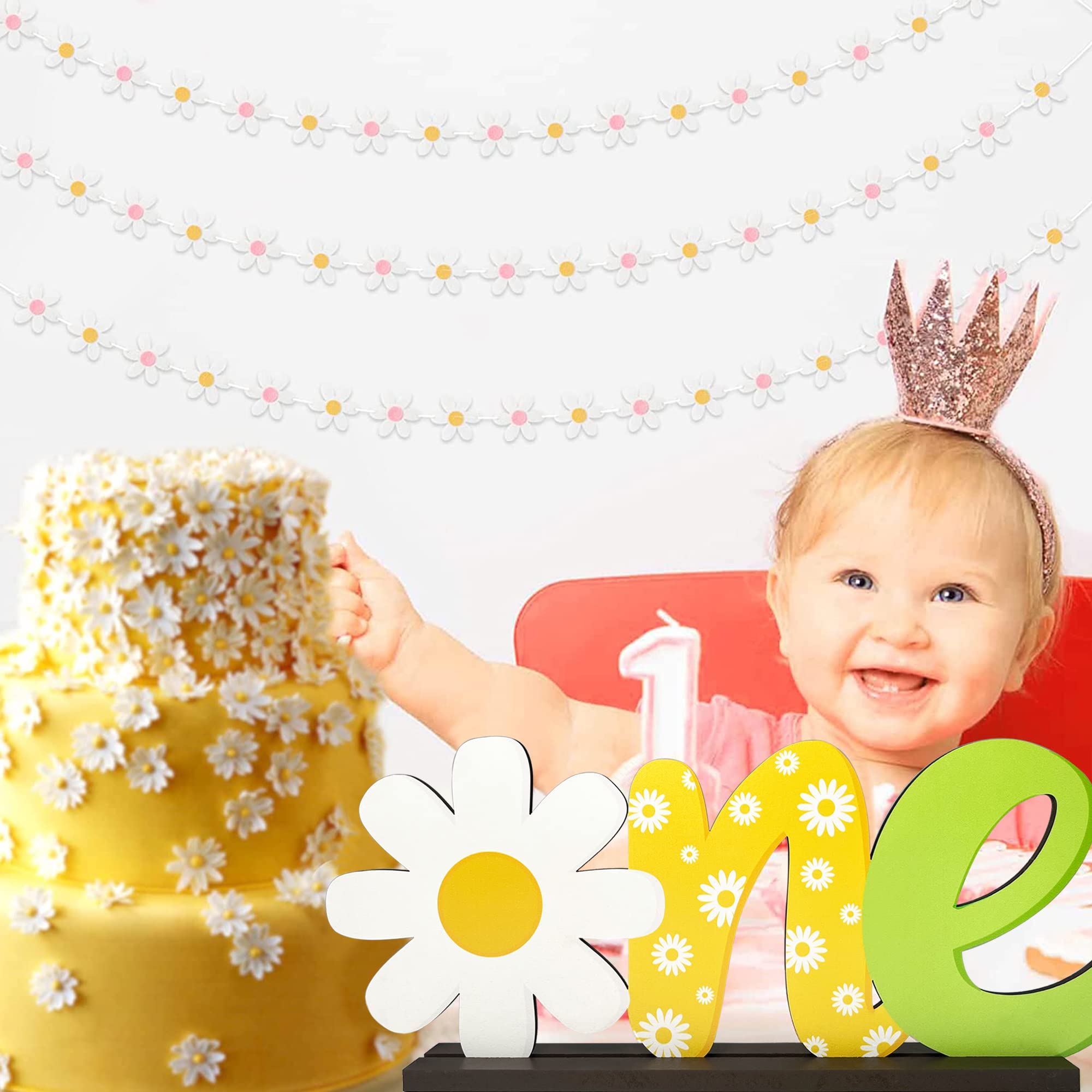 Prhavks Daisy One Letter Sign Wooden Centerpiece for First Birthday Decoration, Groovy One Baby Shower Wood Table Topper Ornament Flower Party Decor One Year Old Milestone Cake Smash Photo Prop