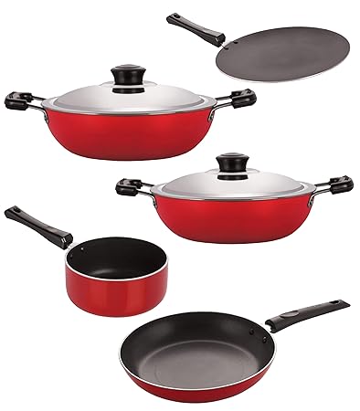 Nirlon Aluminium Non Stick Kitchen Utensil for Cooking Pots and Pan Set of 5 Pieces (CT12_DKDM_DKDB_SPM_TP24)
