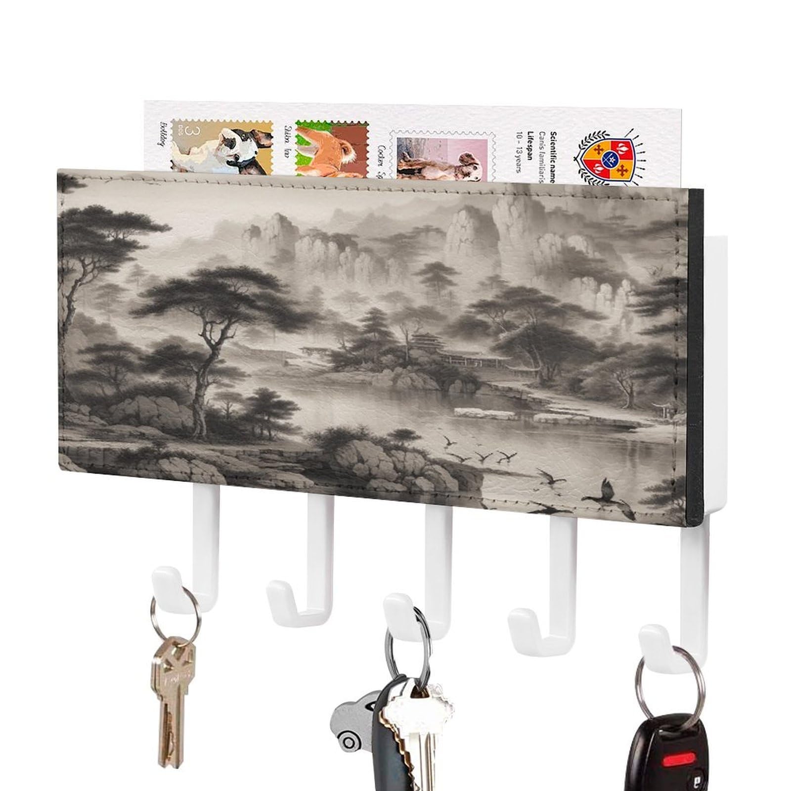 Fekiloot White-Style Black And White Landscape Key Holder Wall Mount Key Hanger With 5 Hooks Decorative Key Rack Hanging Key Hooks With Mail Organizer Key Holder For Wall Living Room Kitchen Bathroom Hallway White