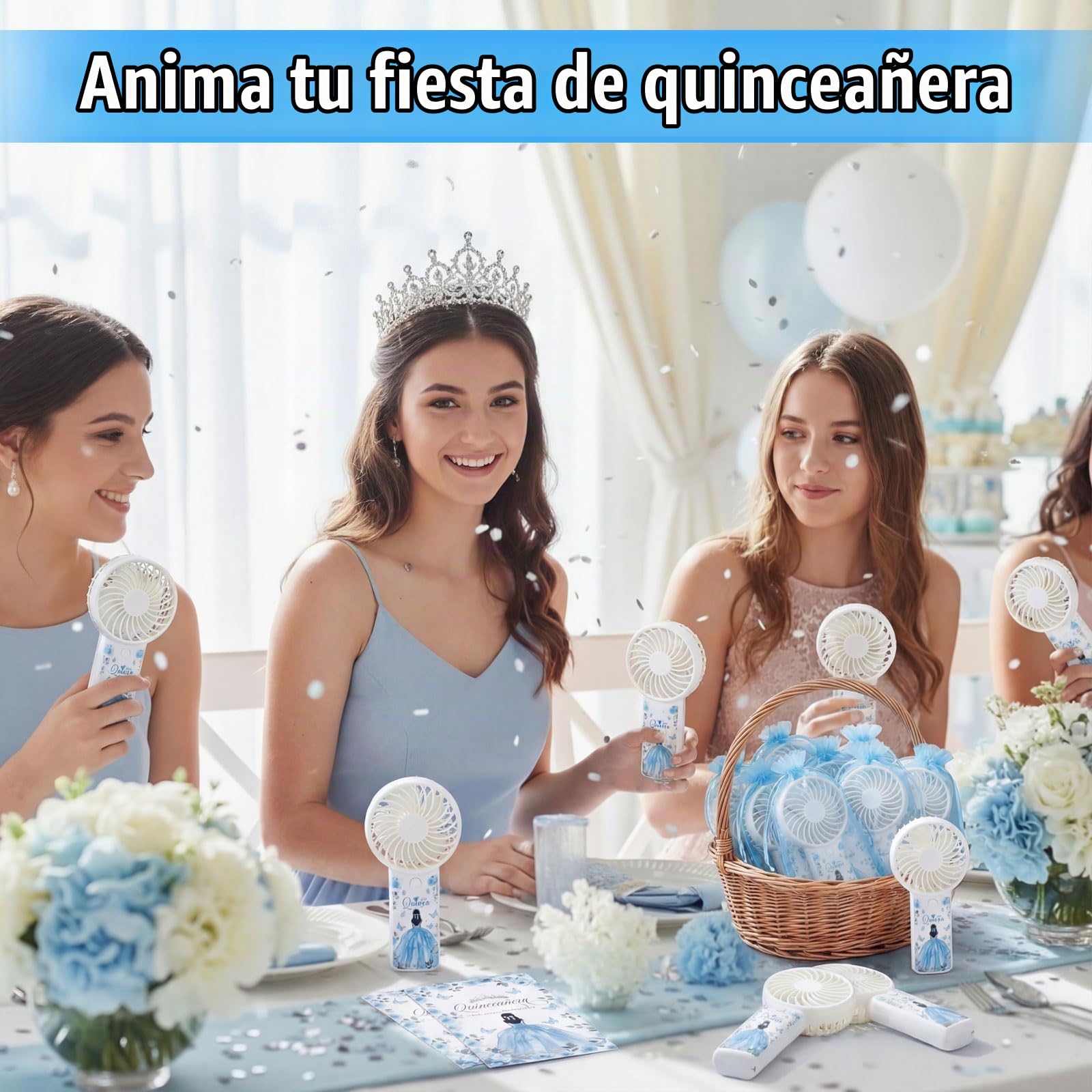 Tuanse Juego de 25 recuerdos para 15 años de quinceañera, recuerdos de fiesta para fanáticos de quinceañera, regalos para invitados, ventiladores eléctricos portátiles de mano con tarjetas de