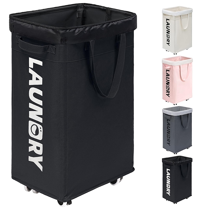 Goodpick 大型带轮洗衣筐 黑色洗衣篮带可拆洗袋